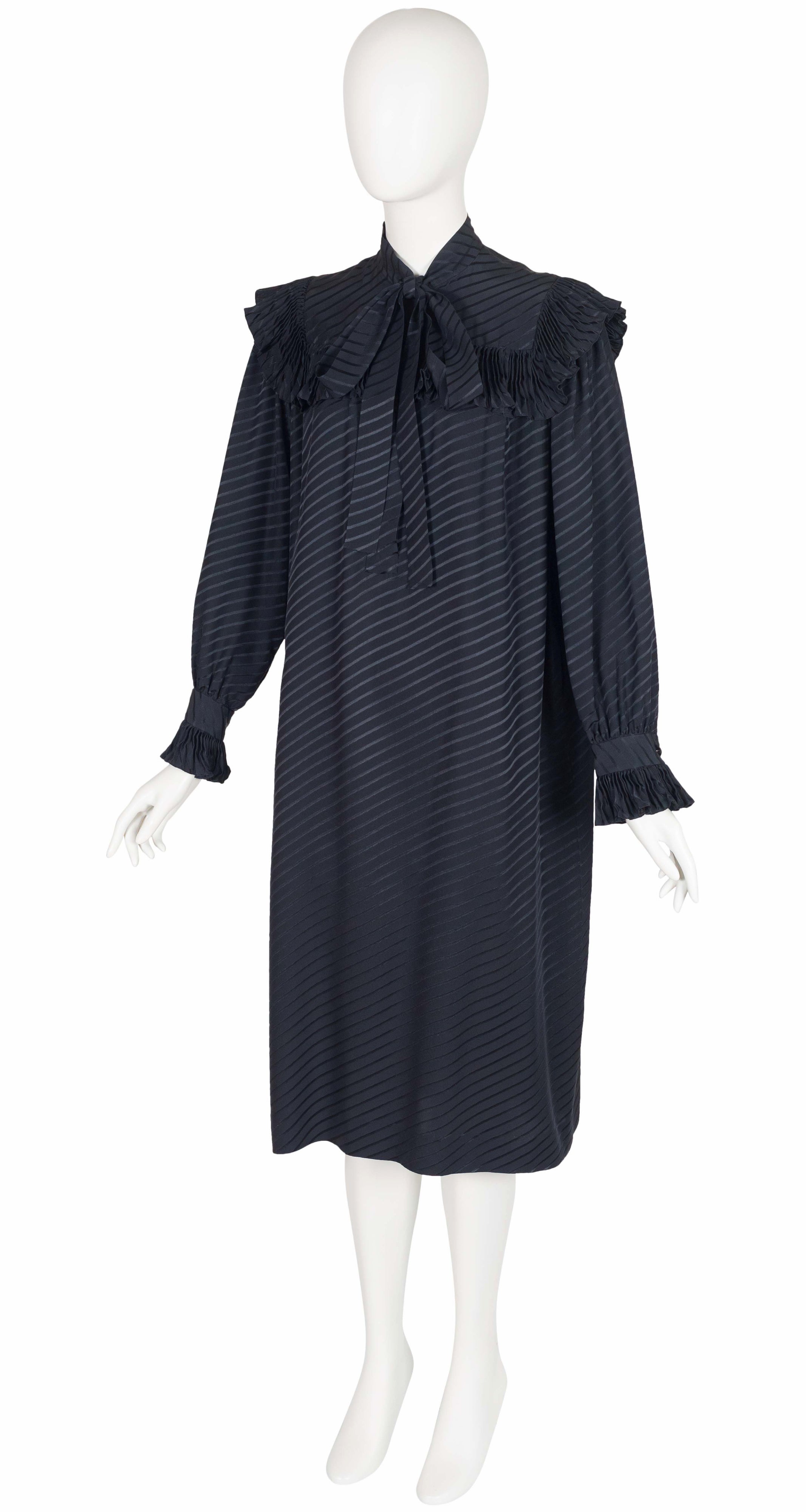 1970s Black Silk Ruffle Collar Tie-Neck Dress