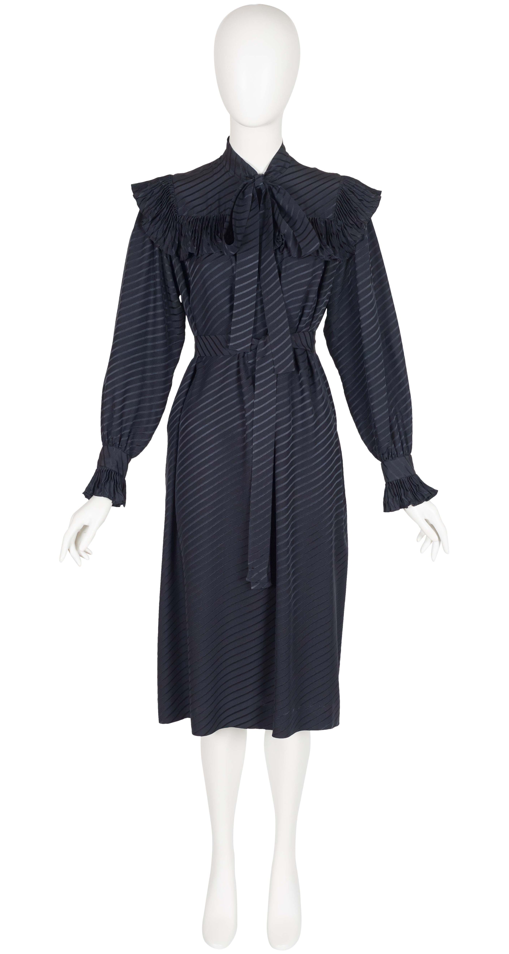 1970s Black Silk Ruffle Collar Tie-Neck Dress