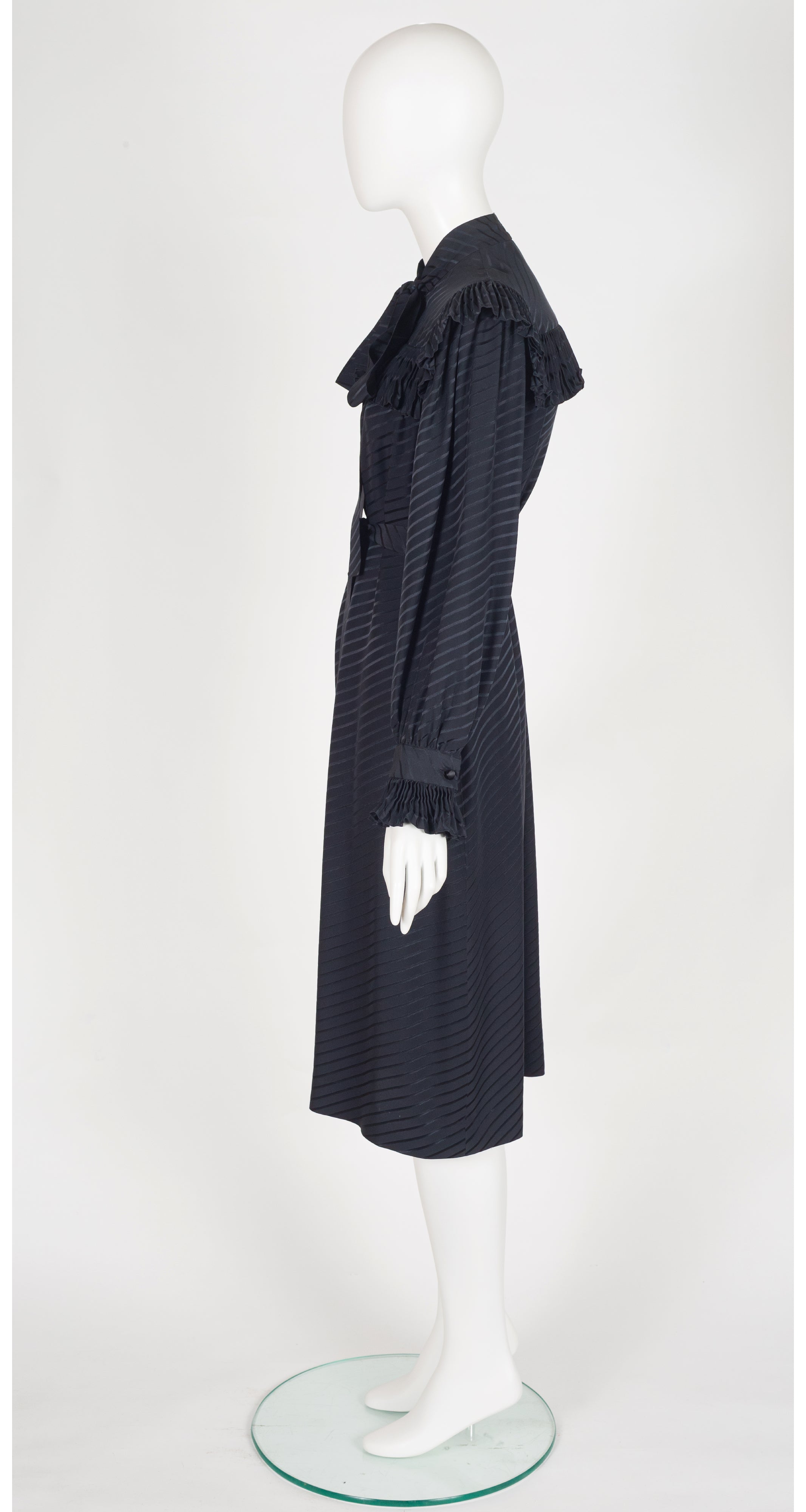 1970s Black Silk Ruffle Collar Tie-Neck Dress