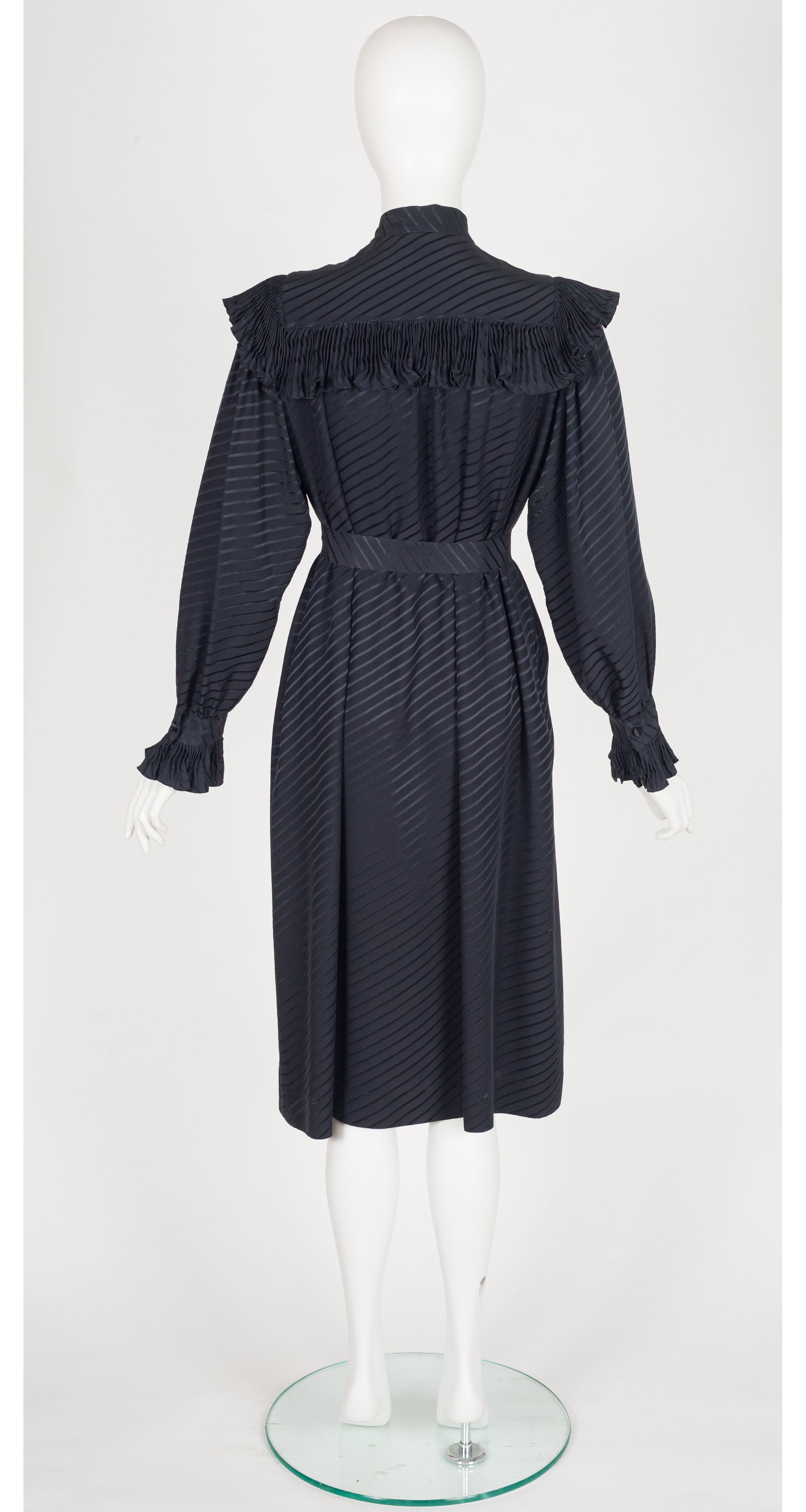 1970s Black Silk Ruffle Collar Tie-Neck Dress