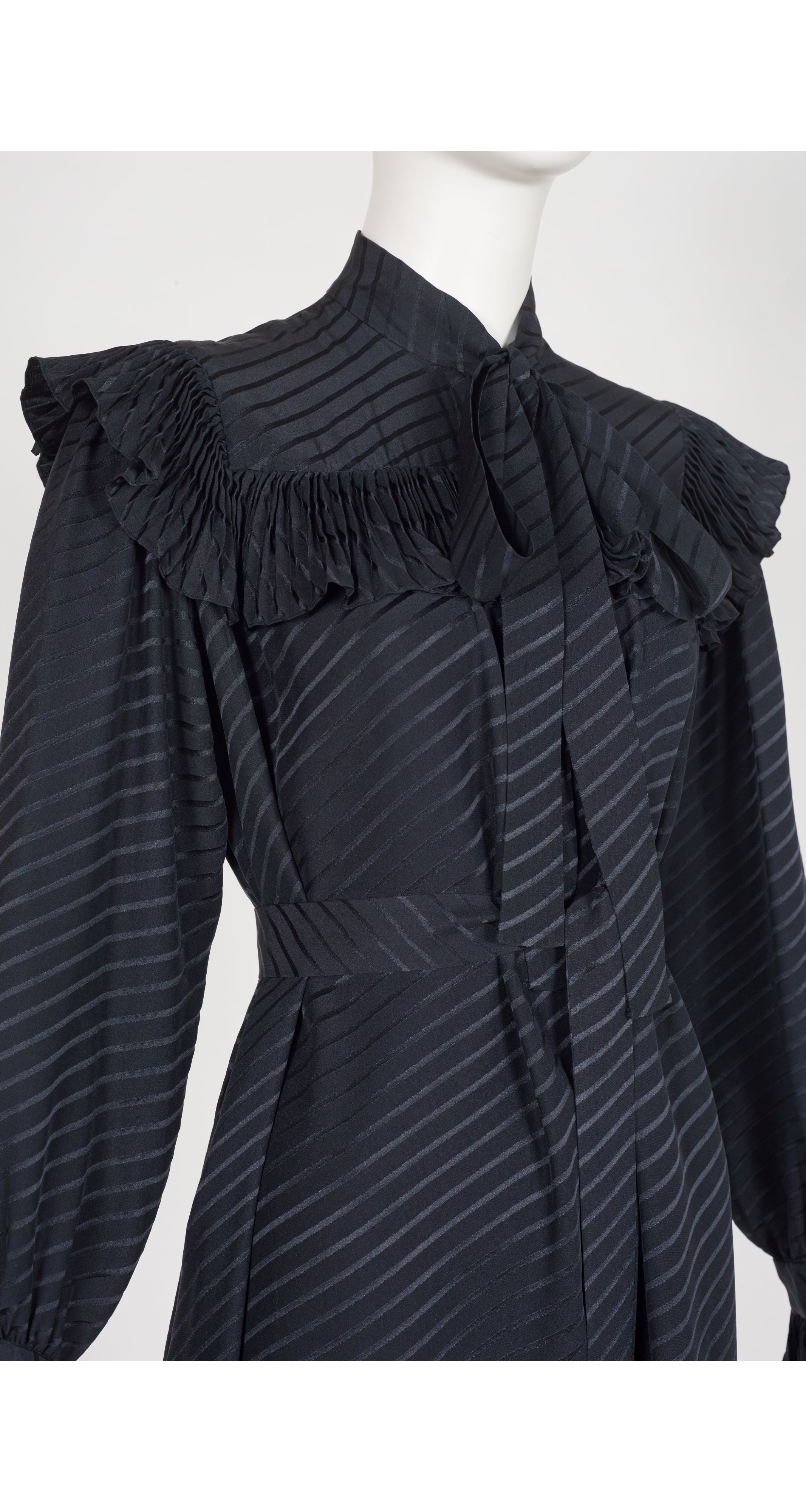 1970s Black Silk Ruffle Collar Tie-Neck Dress