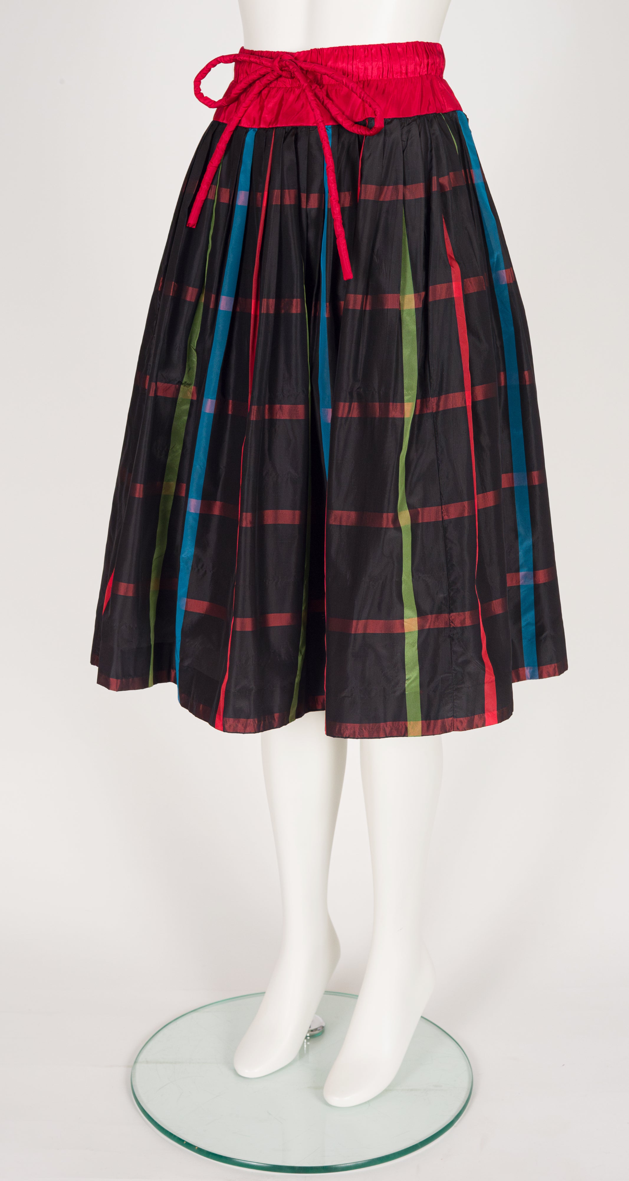 1980 S/S Plaid Black Silk Taffeta Pleated Skirt