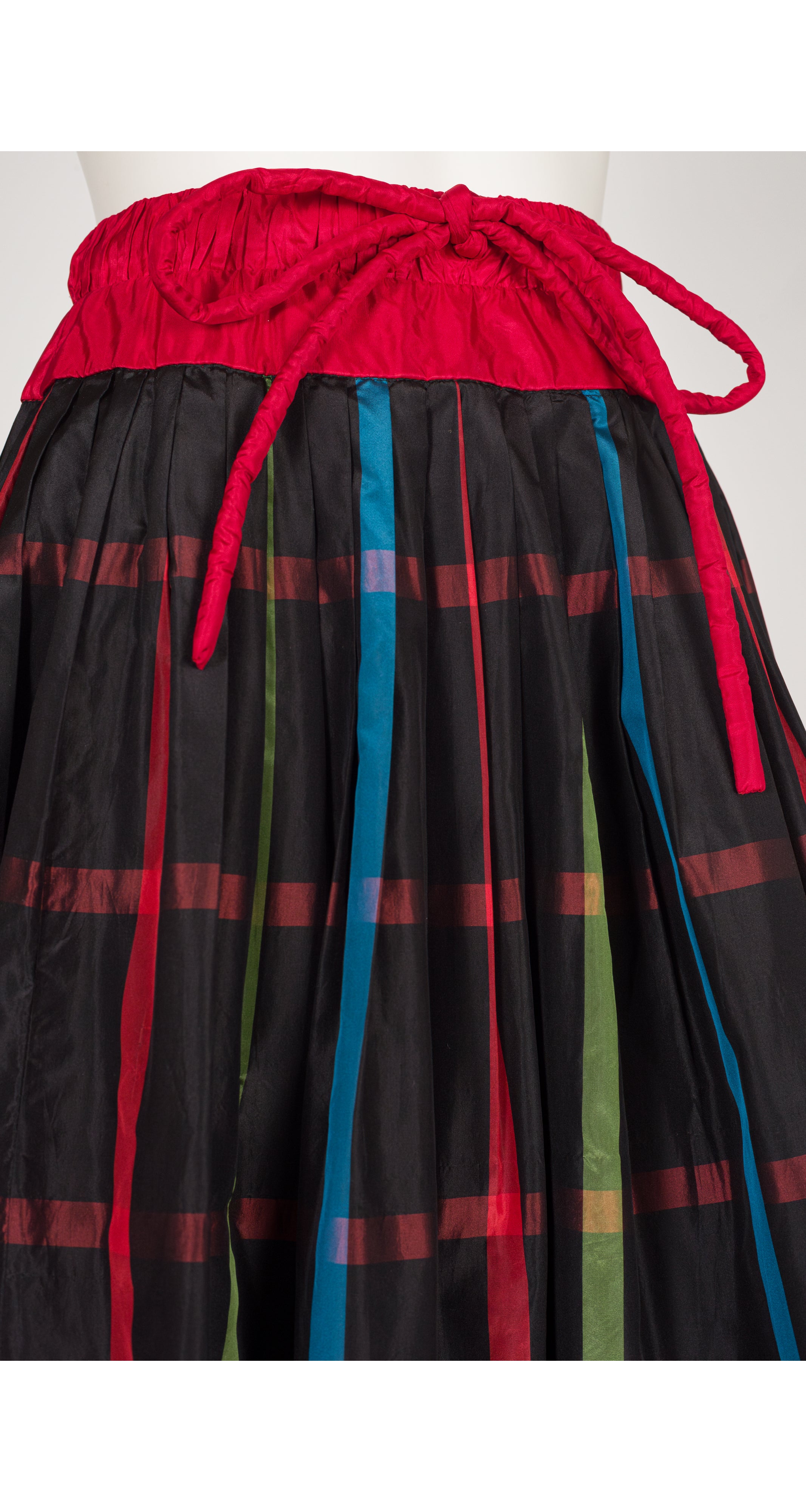 1980 S/S Plaid Black Silk Taffeta Pleated Skirt