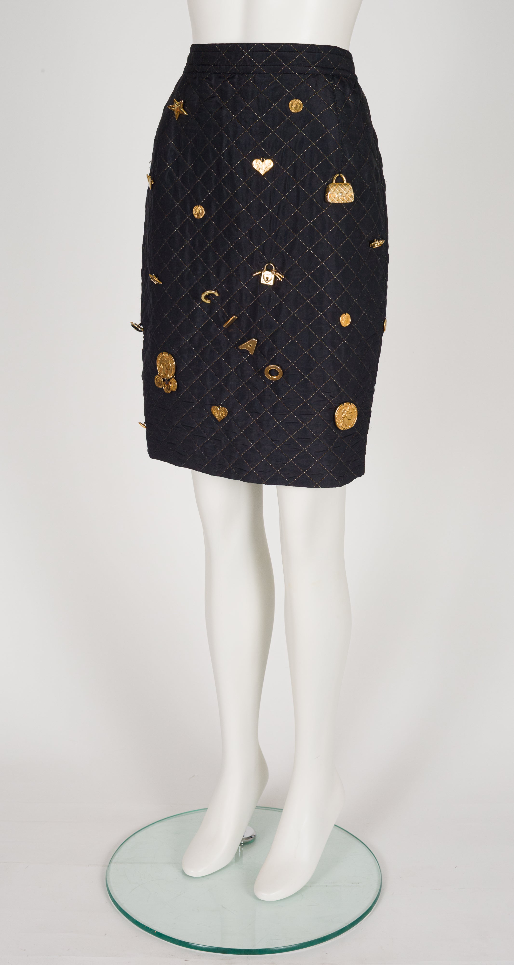 1990 F/W Black & Gold Charm Quilted Pencil Skirt
