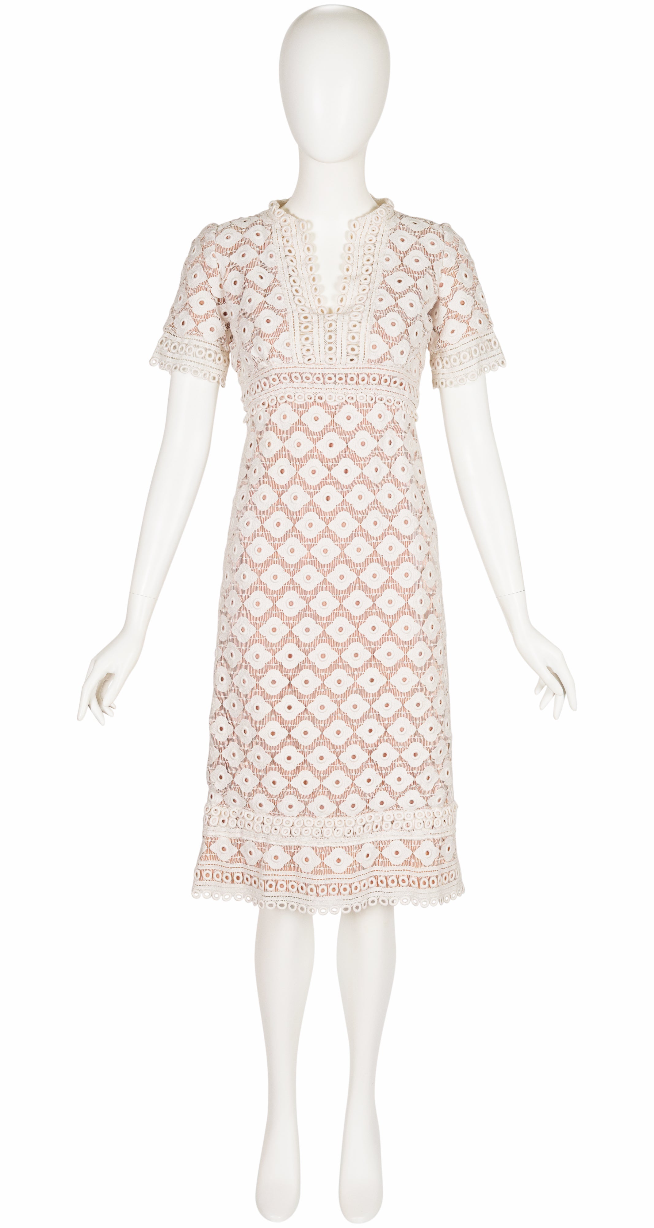 1960s White Cotton Floral Eyelet Nude Illusion Dress