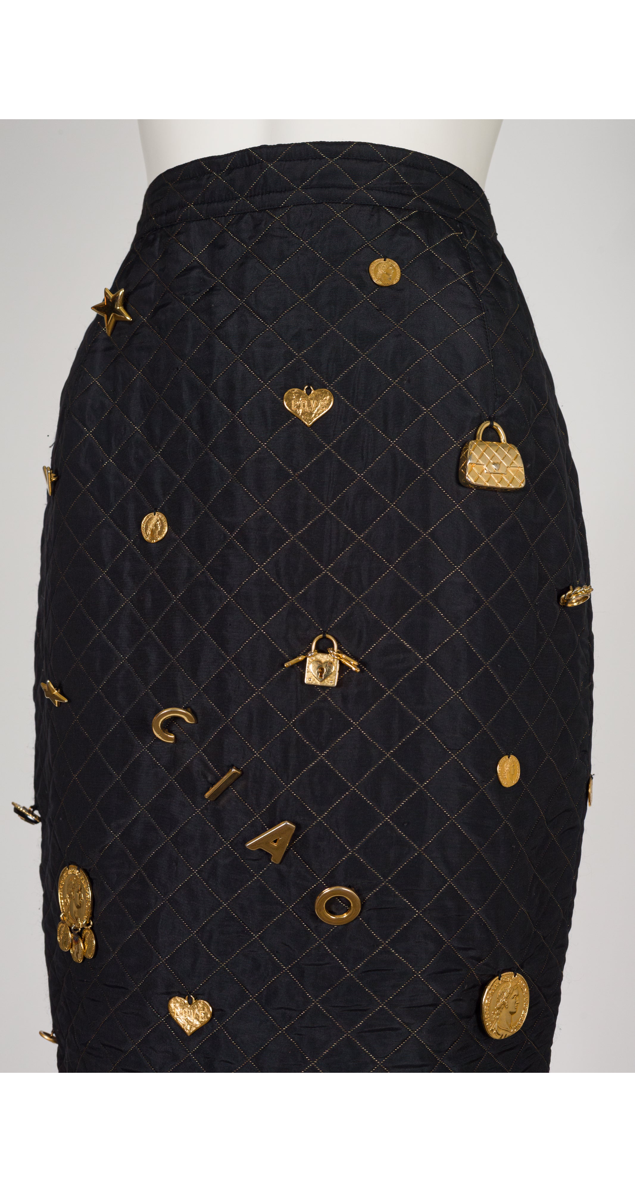 1990 F/W Black & Gold Charm Quilted Pencil Skirt