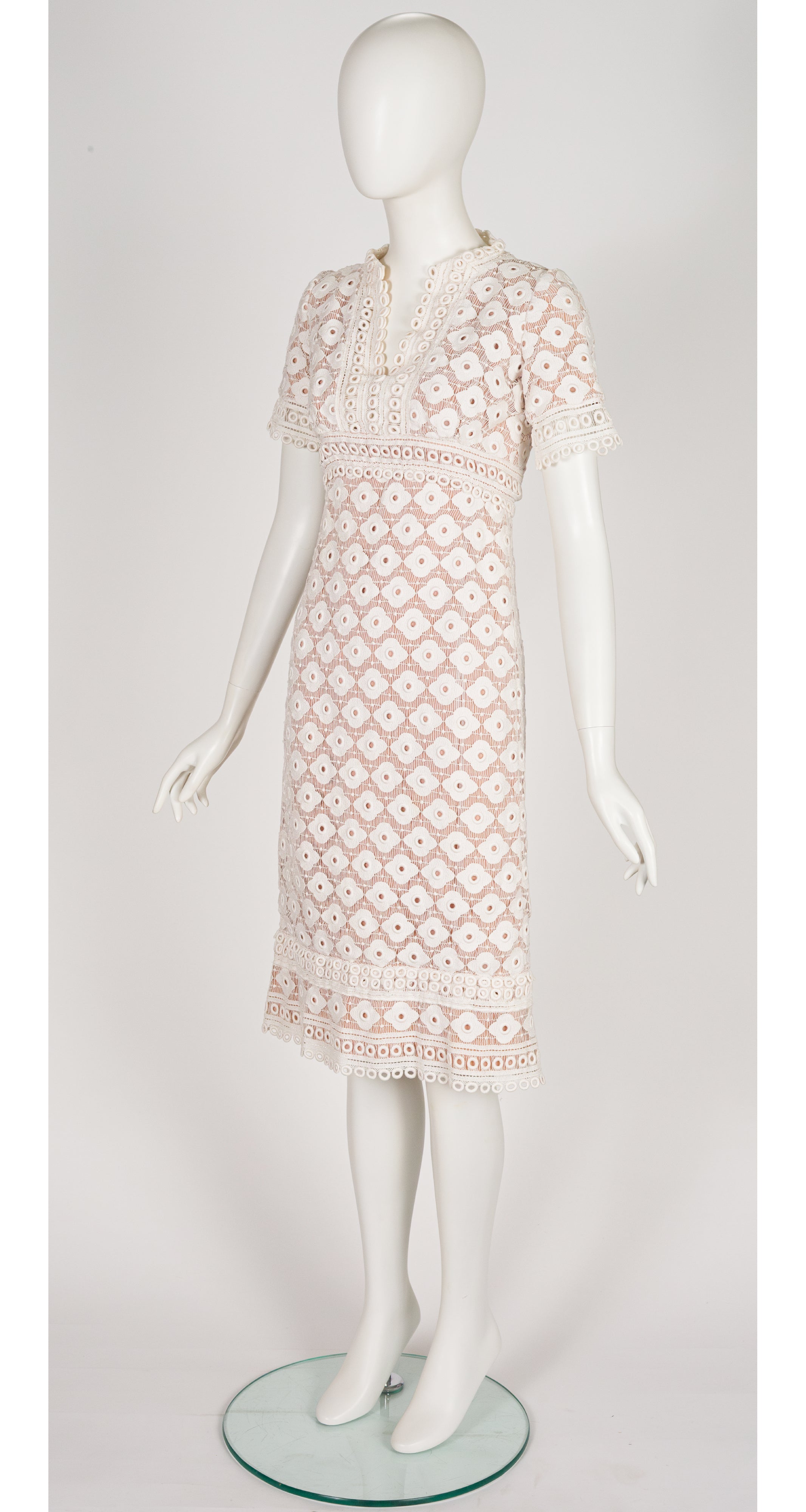 1960s White Cotton Floral Eyelet Nude Illusion Dress