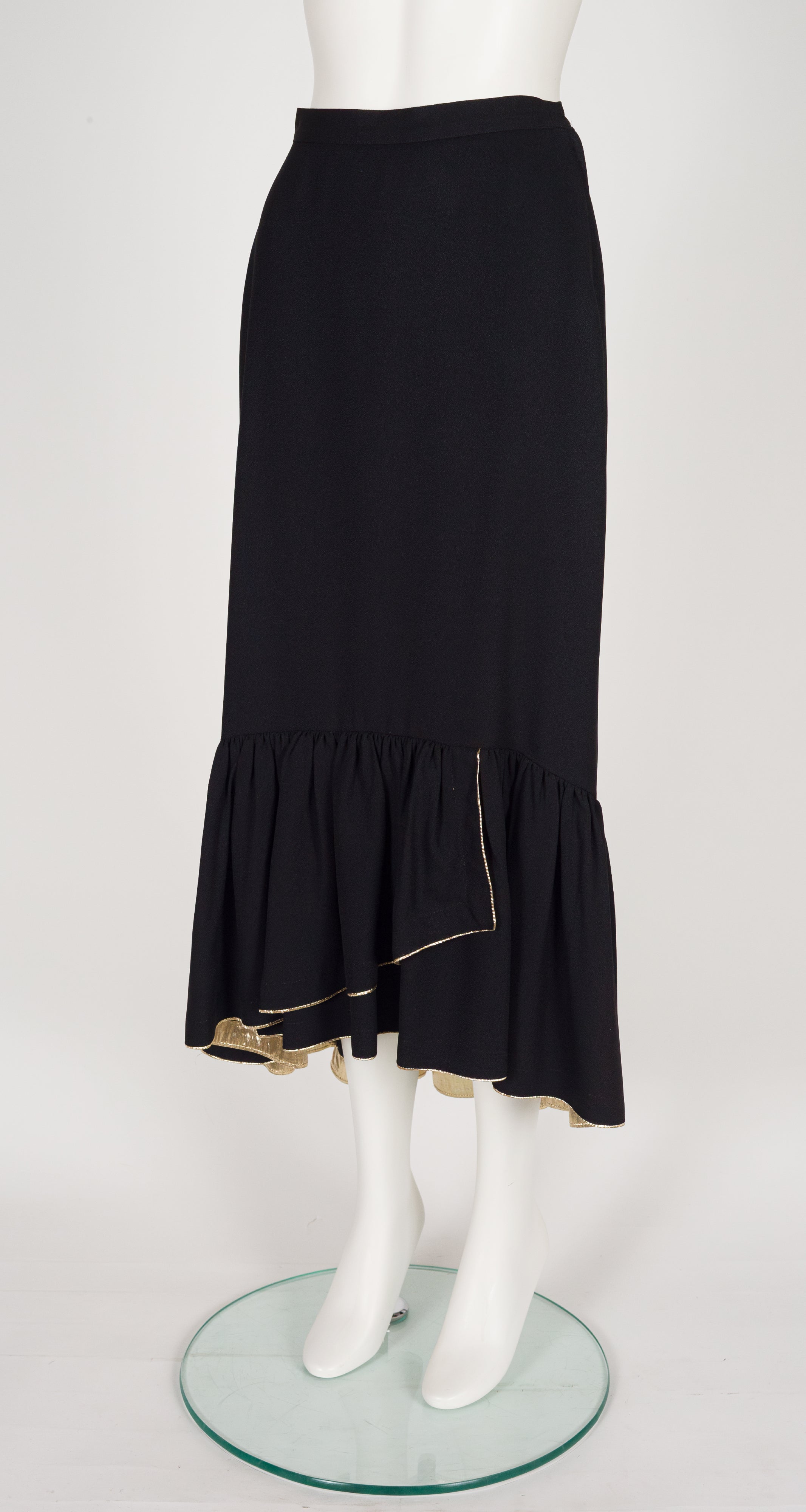 1987 S/S Gold Trim Black Rayon Crepe Jacket & Skirt Set