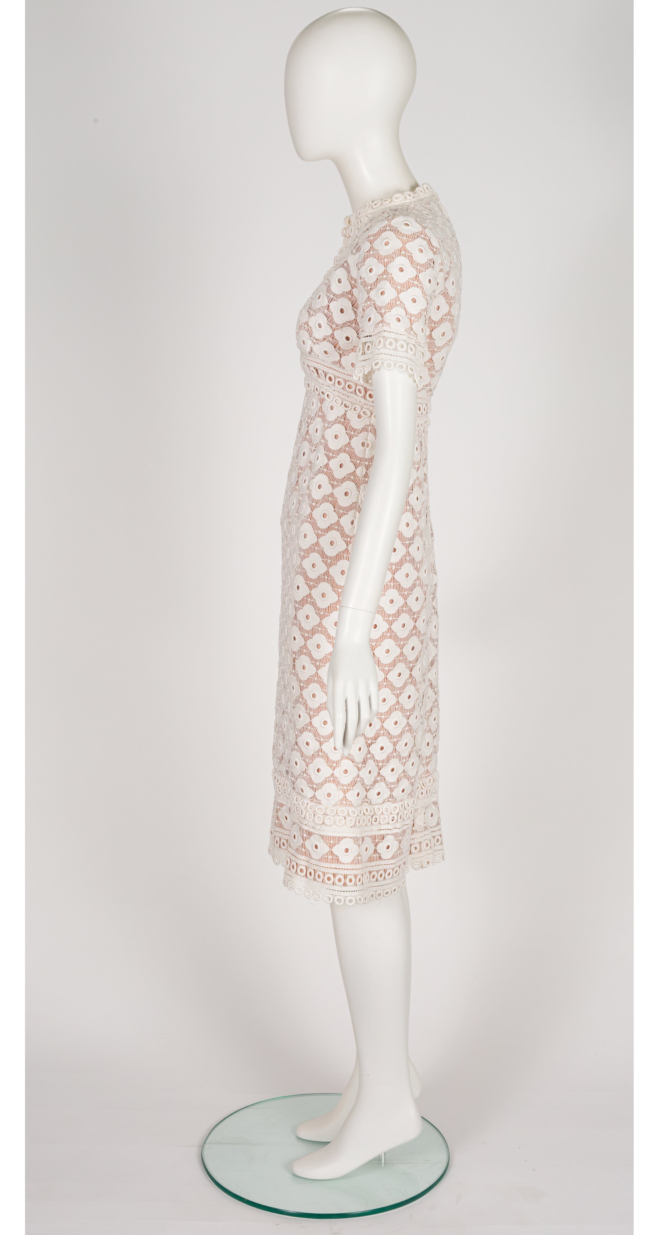 1960s White Cotton Floral Eyelet Nude Illusion Dress