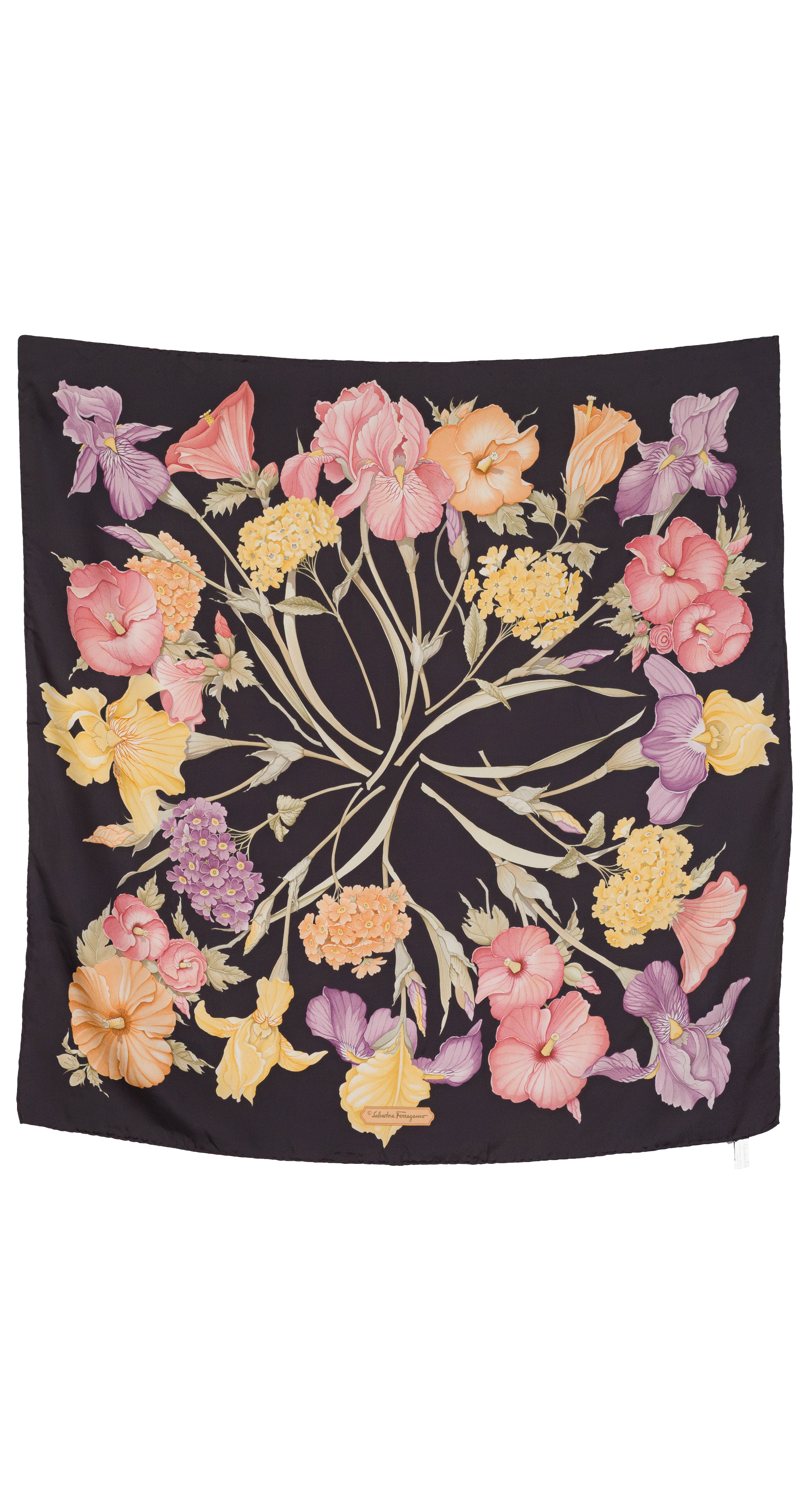 1990s Floral Pastel & Gray Silk Twill Scarf