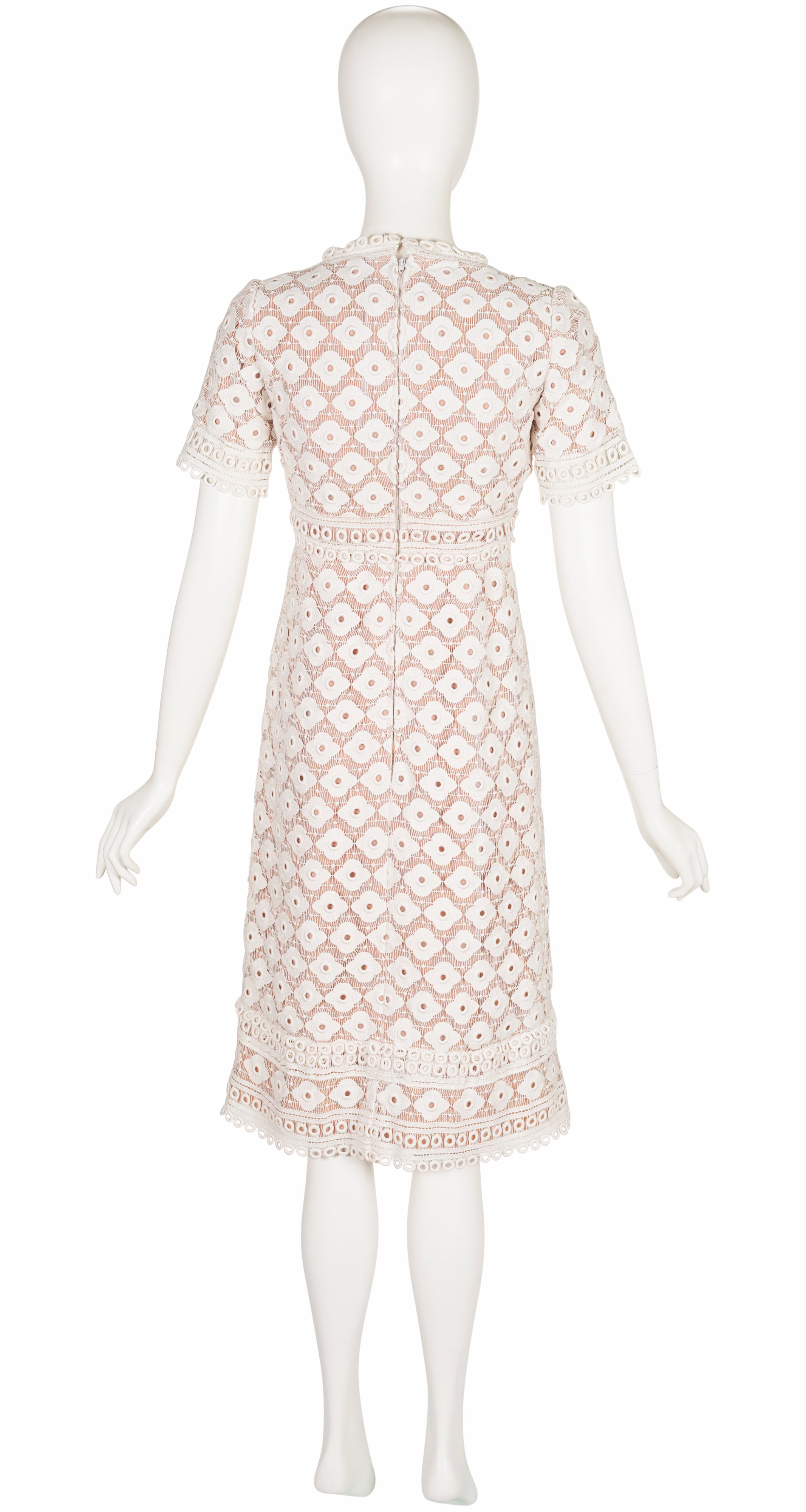 1960s White Cotton Floral Eyelet Nude Illusion Dress