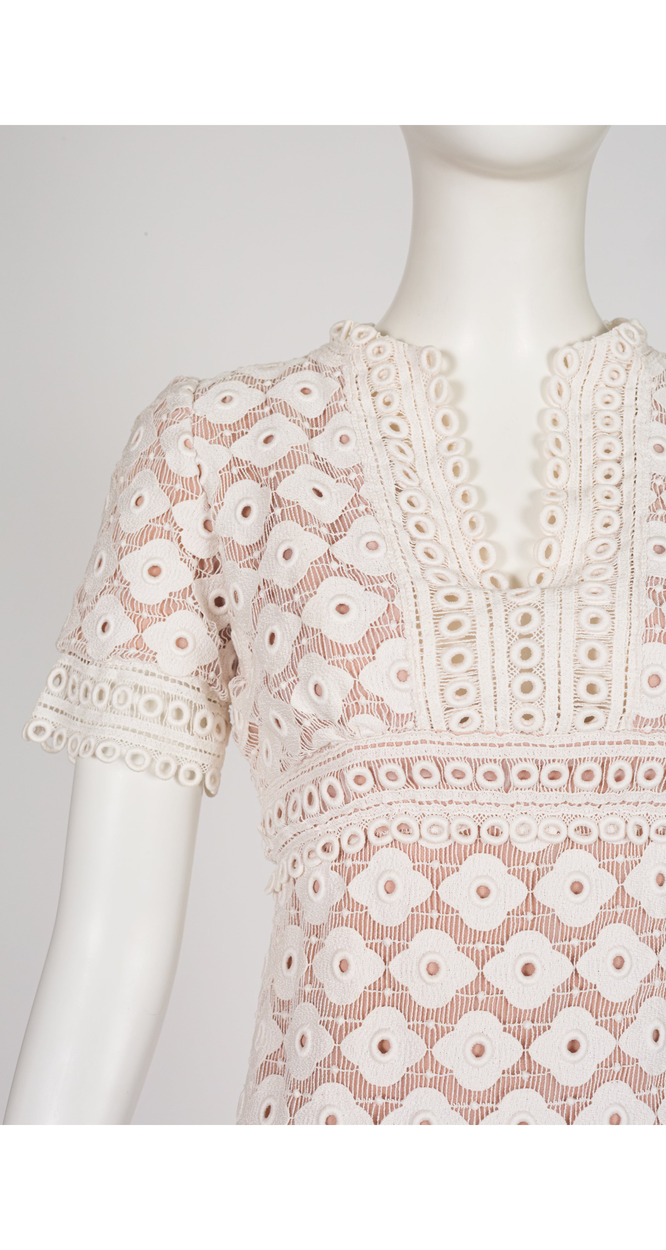 1960s White Cotton Floral Eyelet Nude Illusion Dress