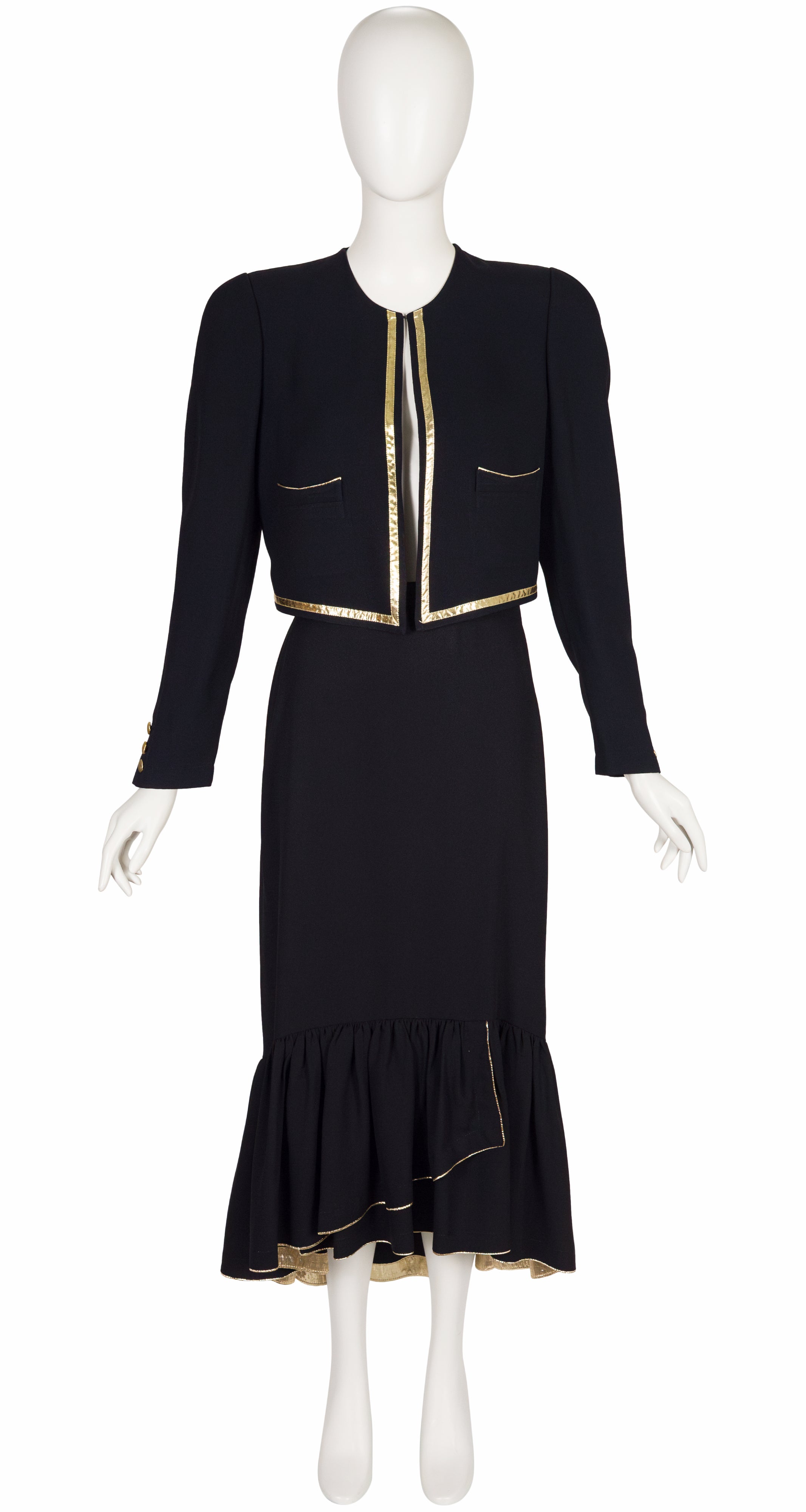 1987 S/S Gold Trim Black Rayon Crepe Jacket & Skirt Set