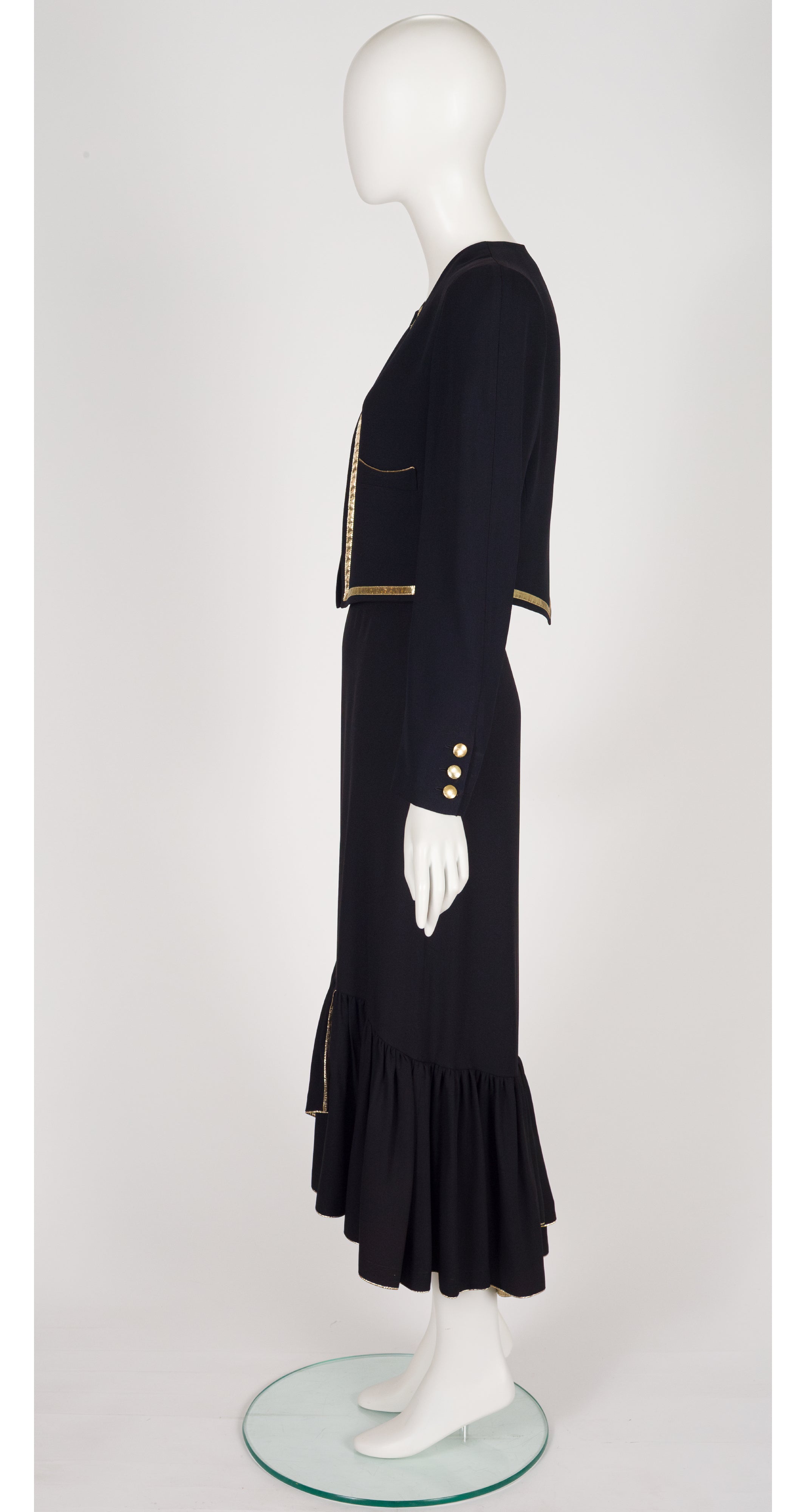 1987 S/S Gold Trim Black Rayon Crepe Jacket & Skirt Set