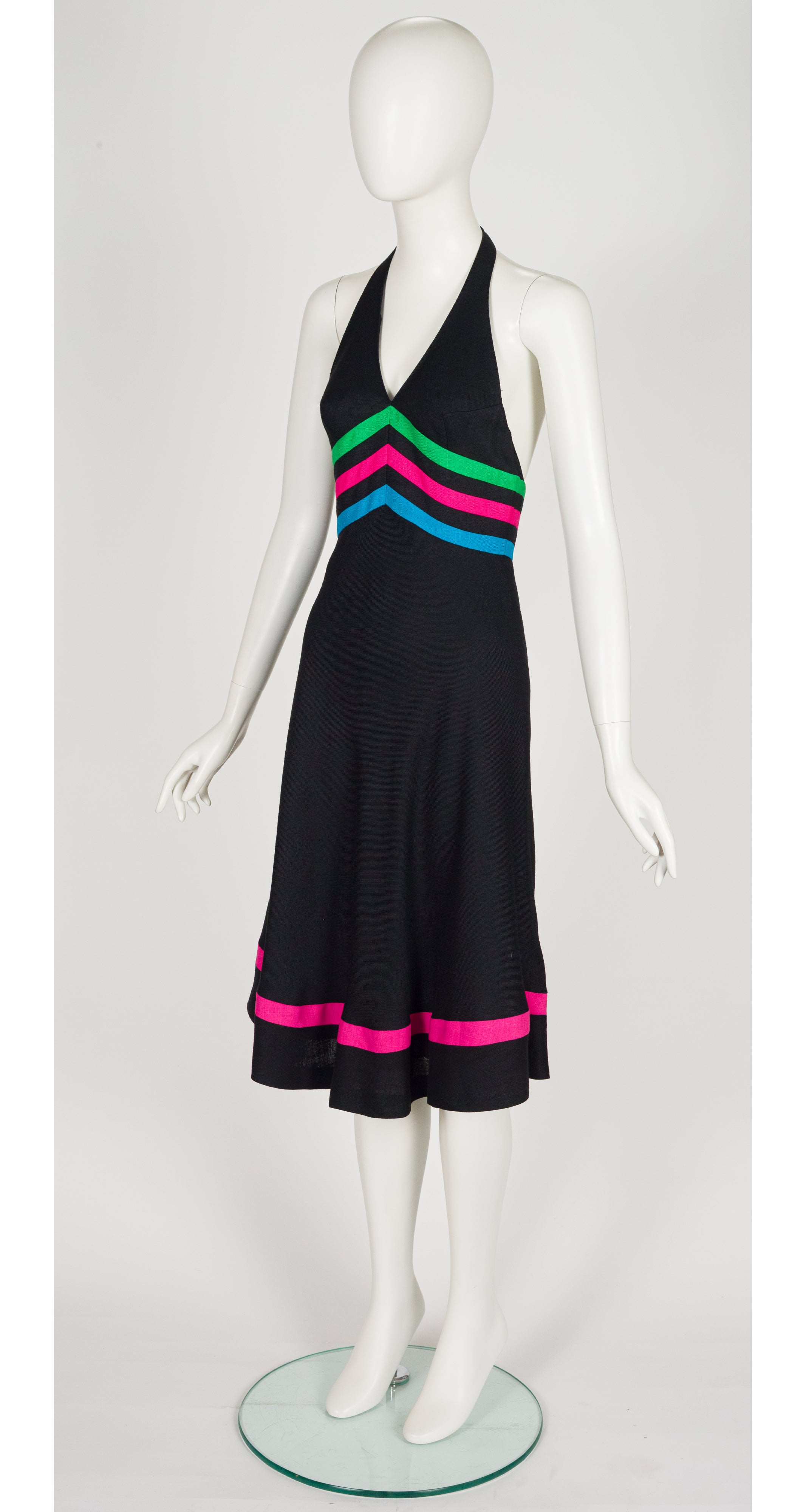 1970s Striped Black Halter Neck Dress
