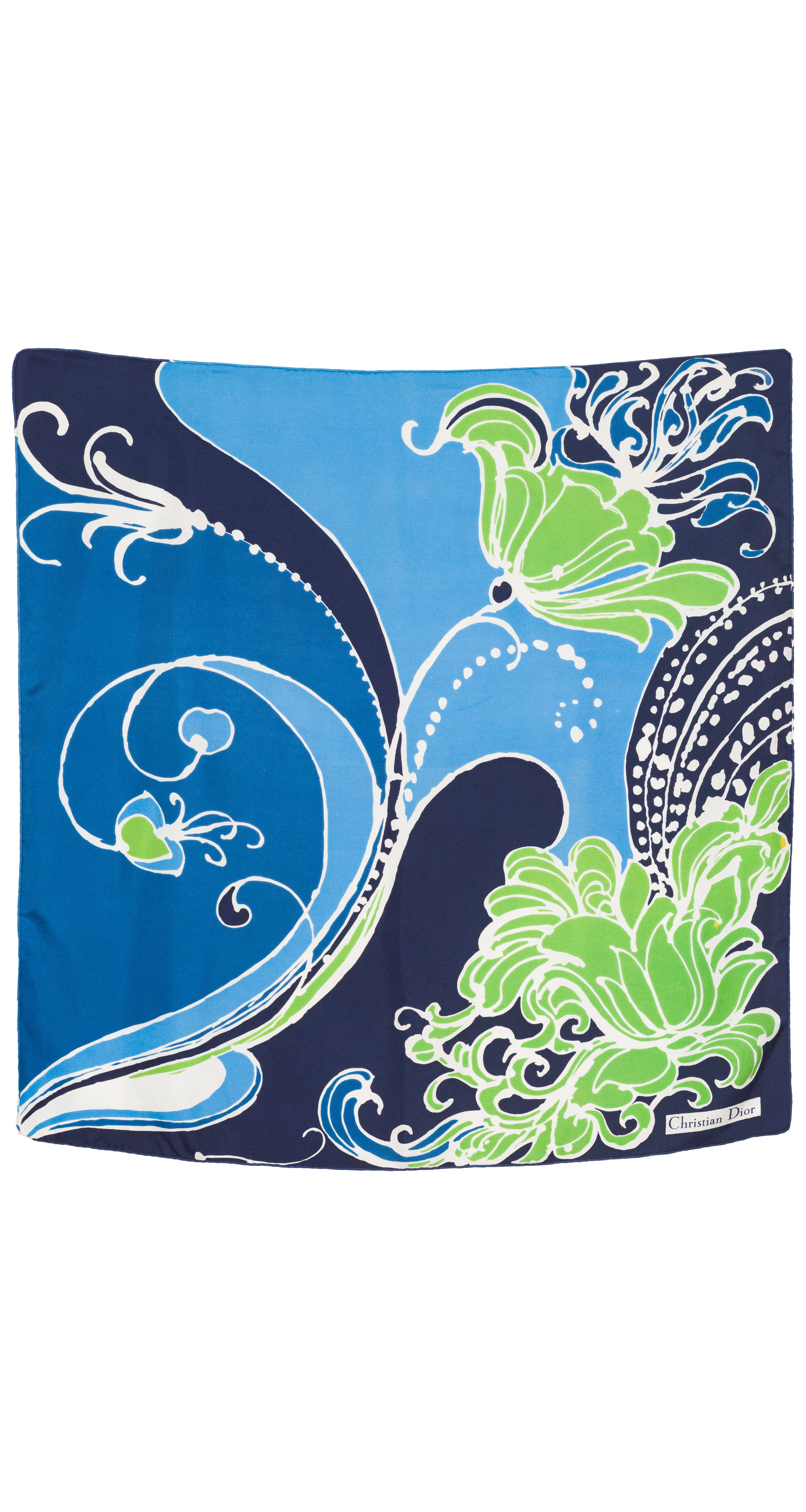 1960s Abstract Floral Print Green & Blue Silk Twill Scarf