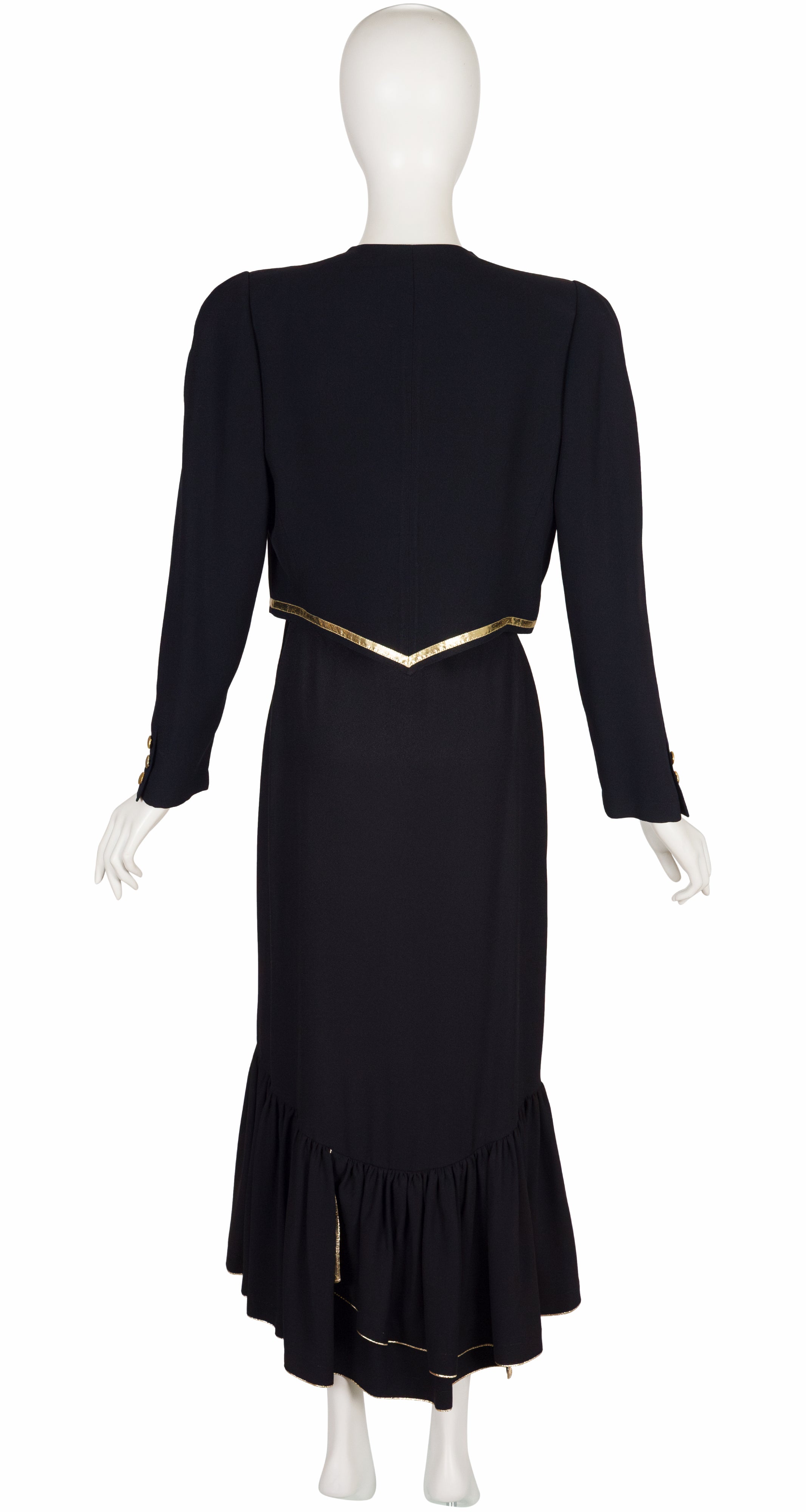 1987 S/S Gold Trim Black Rayon Crepe Jacket & Skirt Set