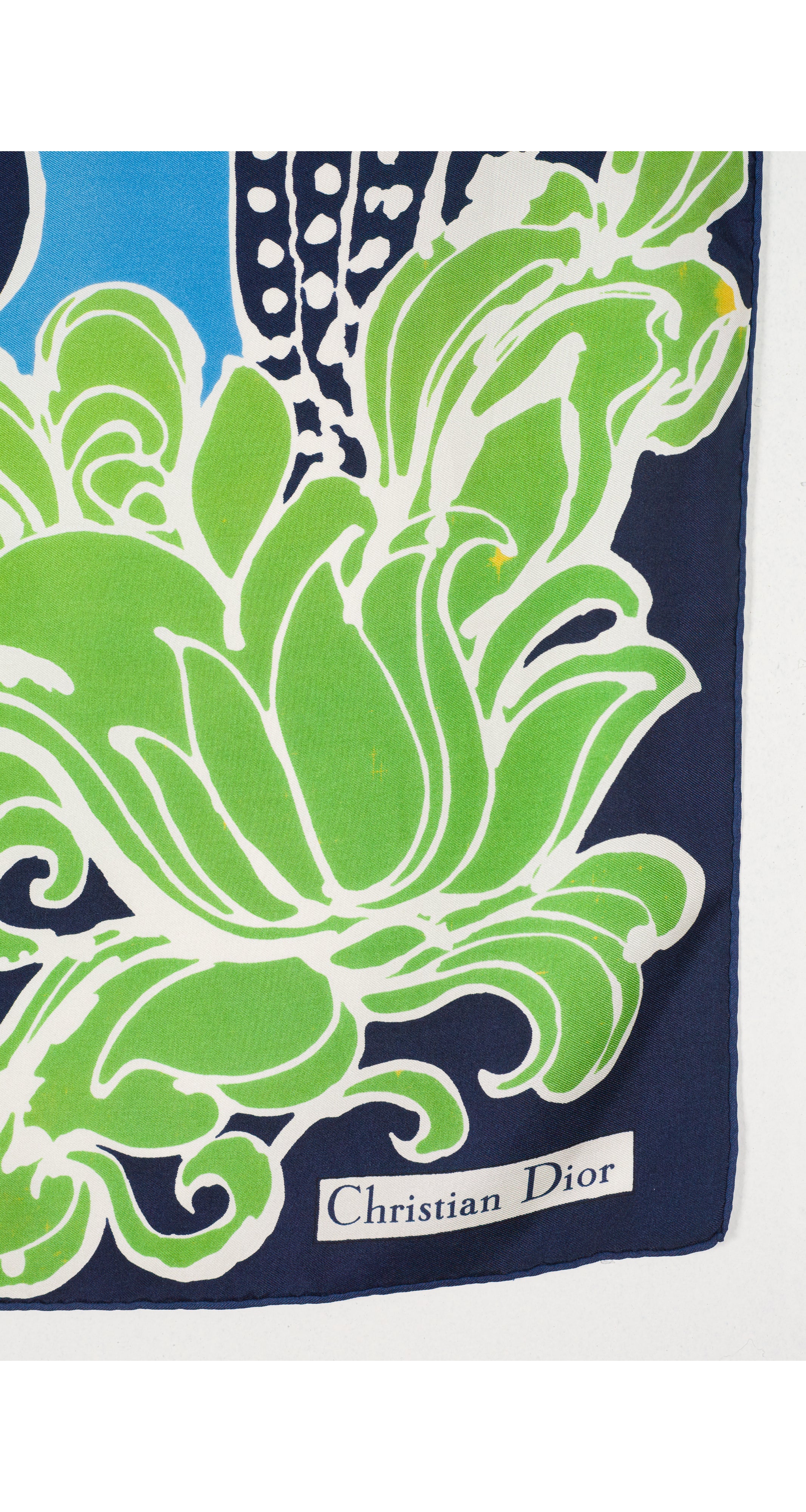 1960s Abstract Floral Print Green & Blue Silk Twill Scarf