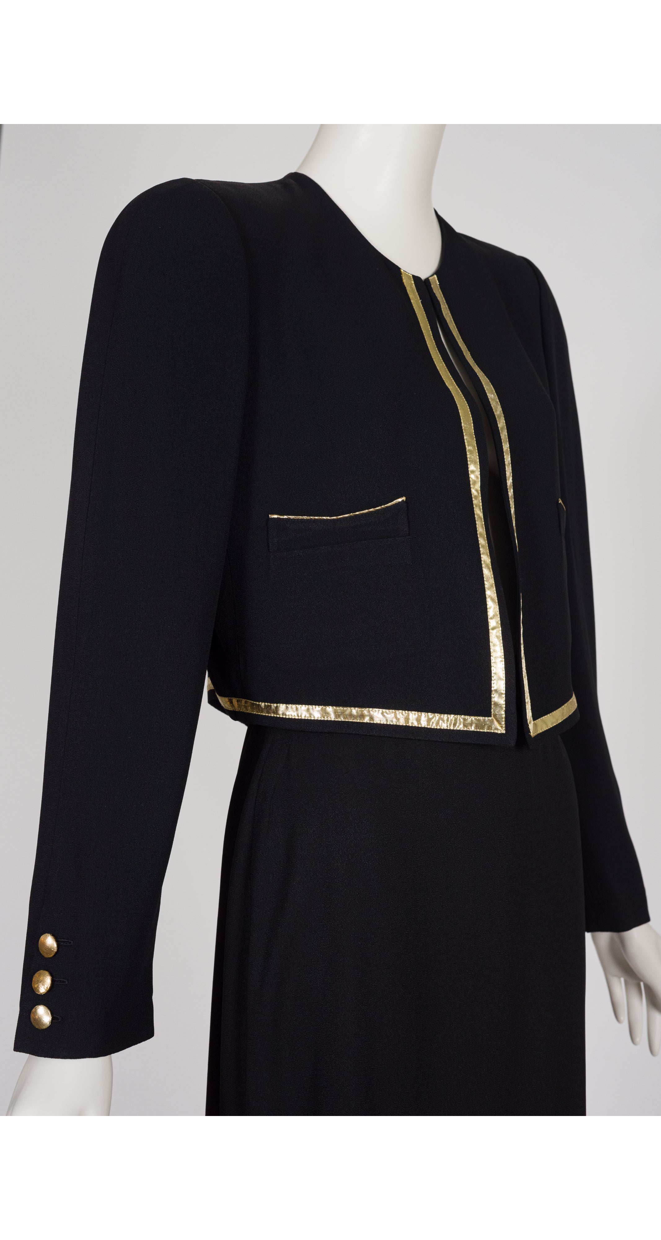 1987 S/S Gold Trim Black Rayon Crepe Jacket & Skirt Set