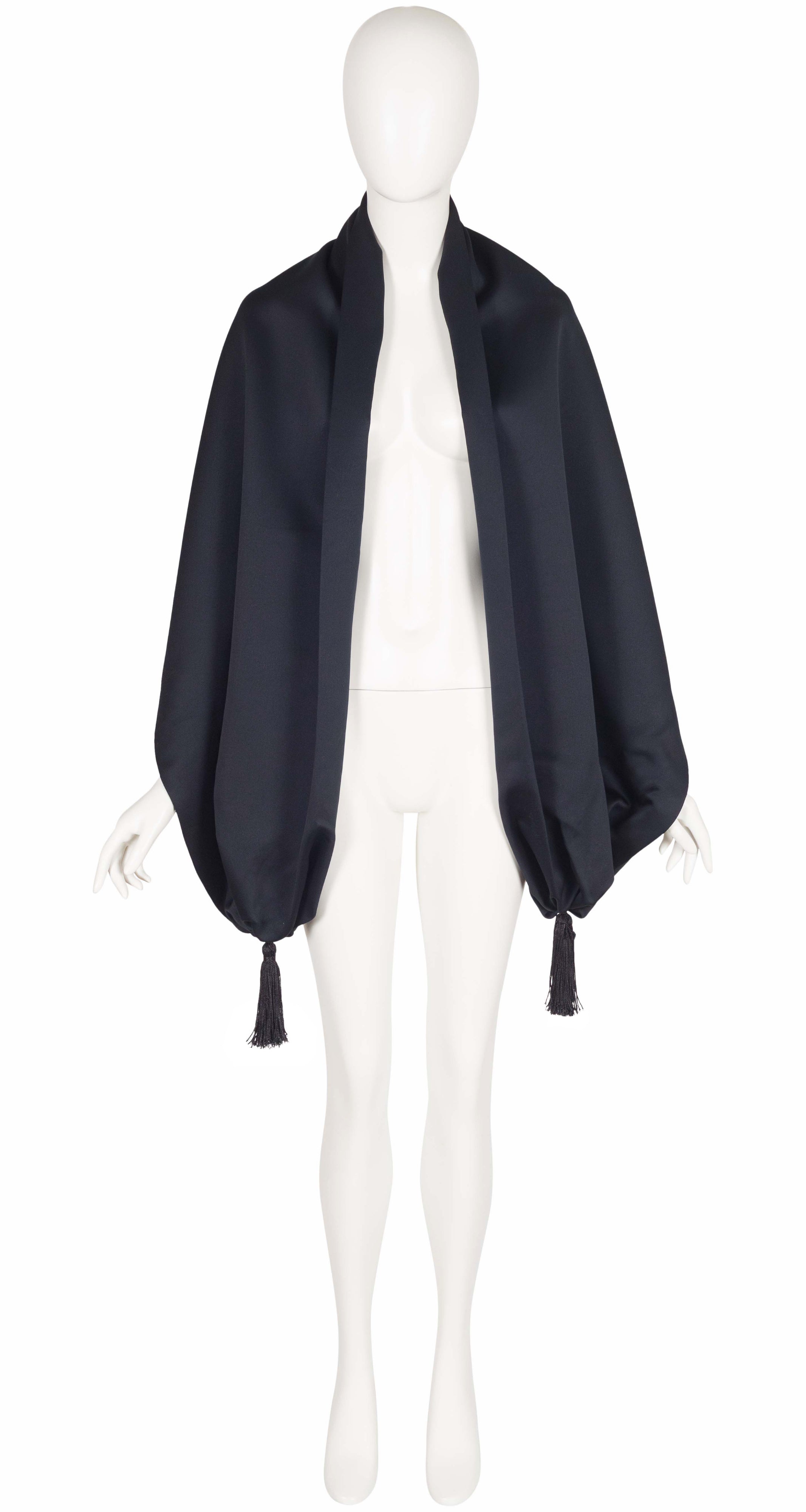 1980s Black Satin Tassel Evening Shawl