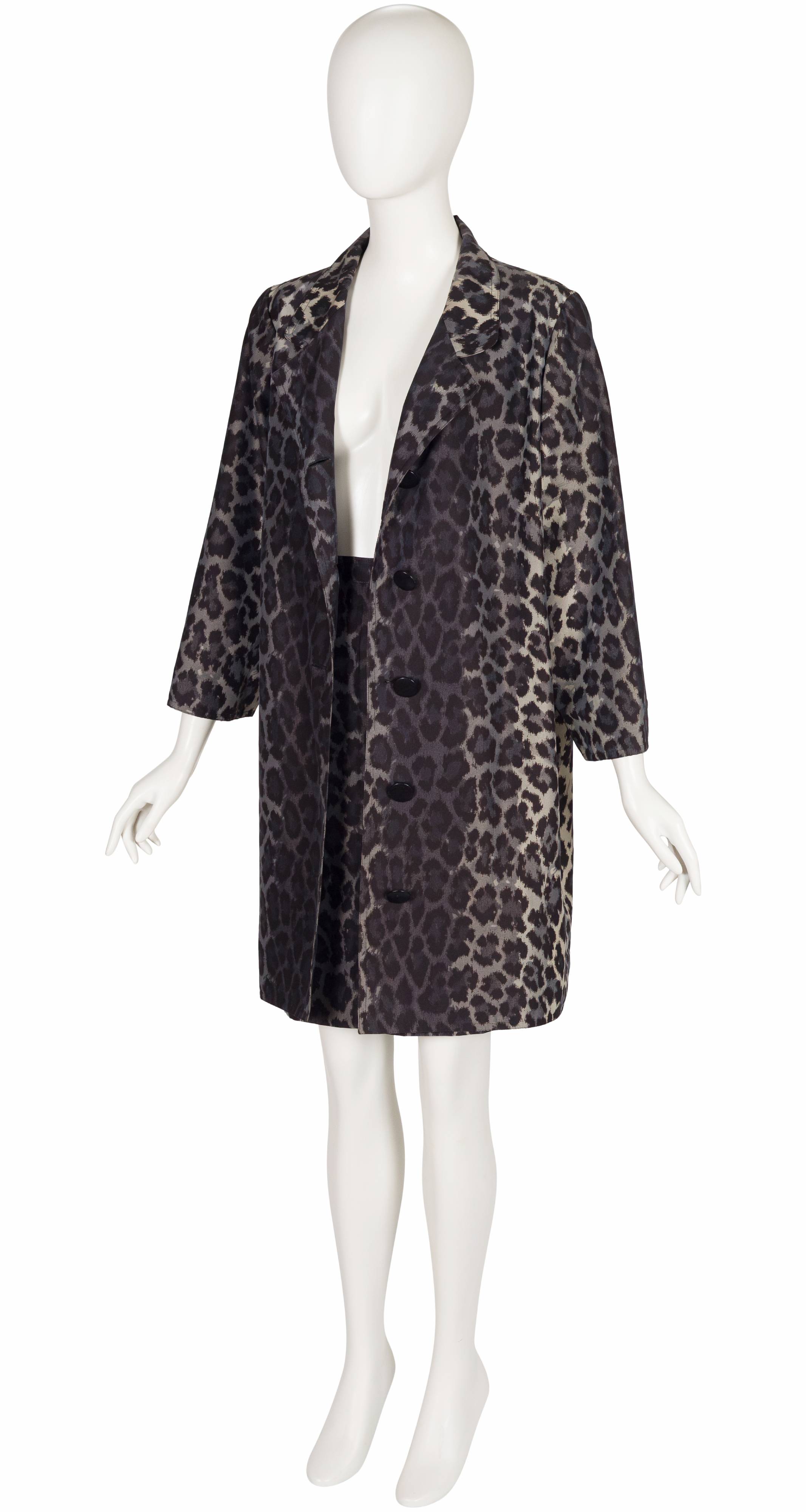 1990 F/W Gray Leopard Print Trench Coat & Skirt Set