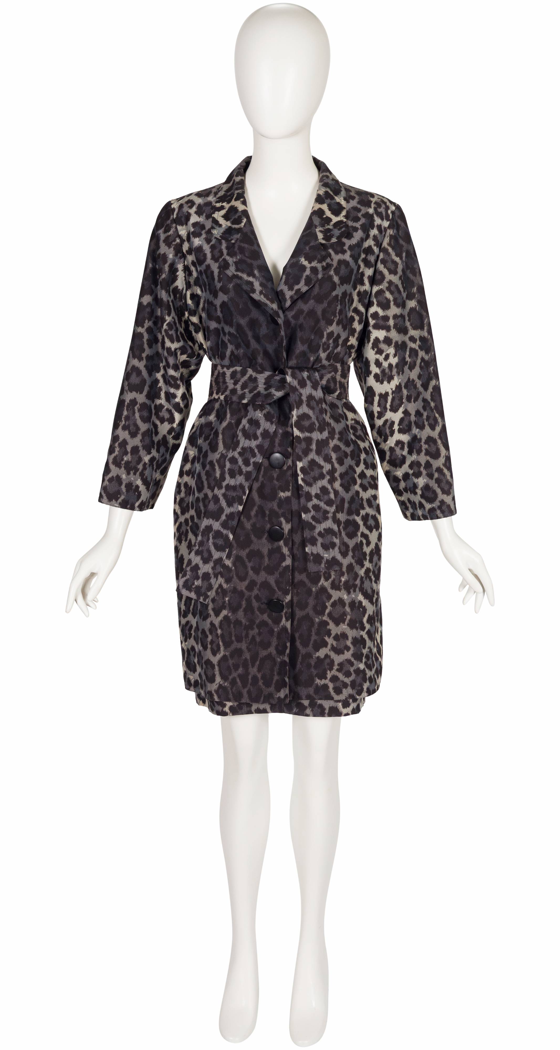 1990 F/W Gray Leopard Print Trench Coat & Skirt Set