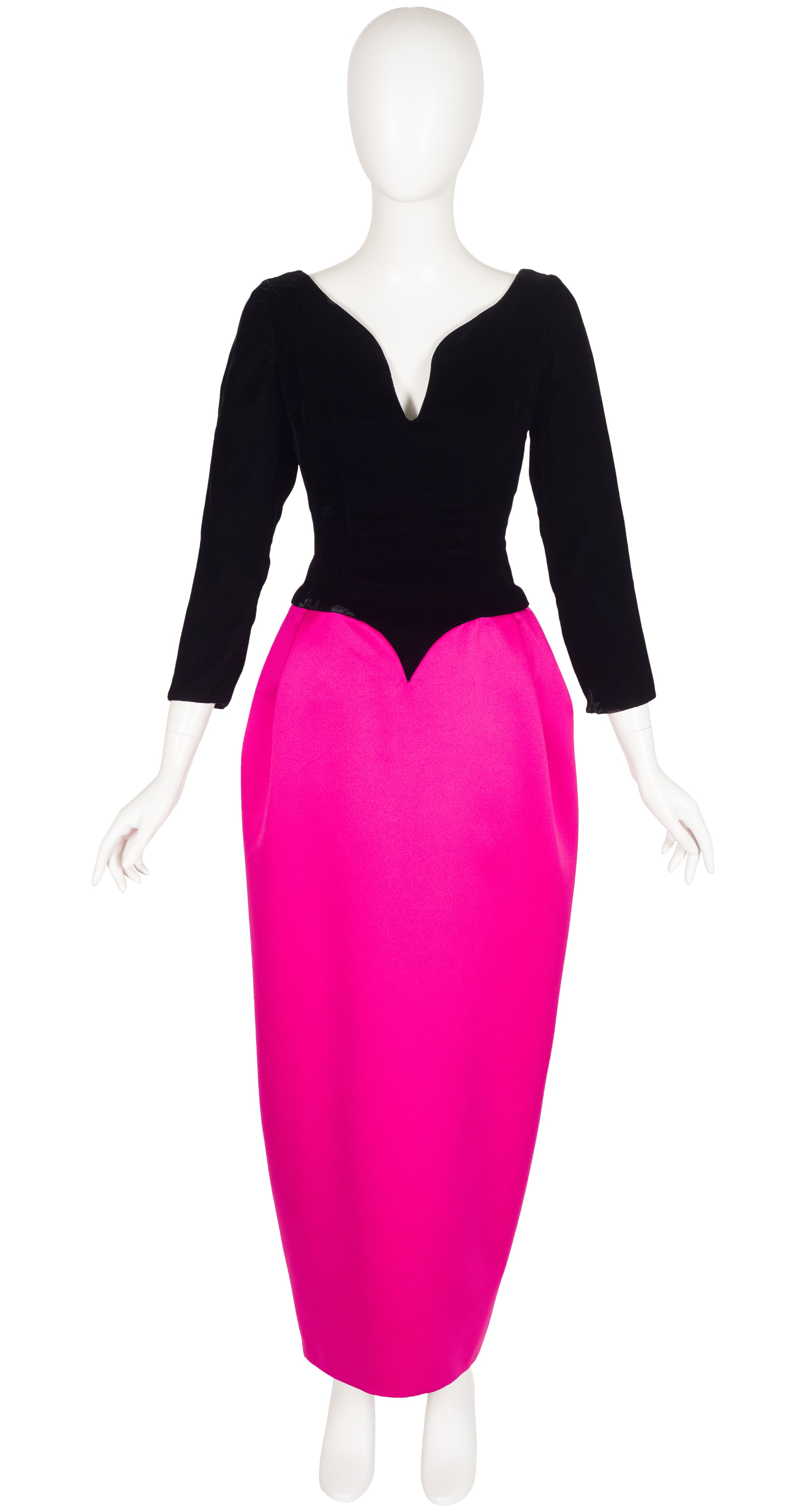 1980s Black Velvet & Fuchsia Satin Hourglass Evening Gown