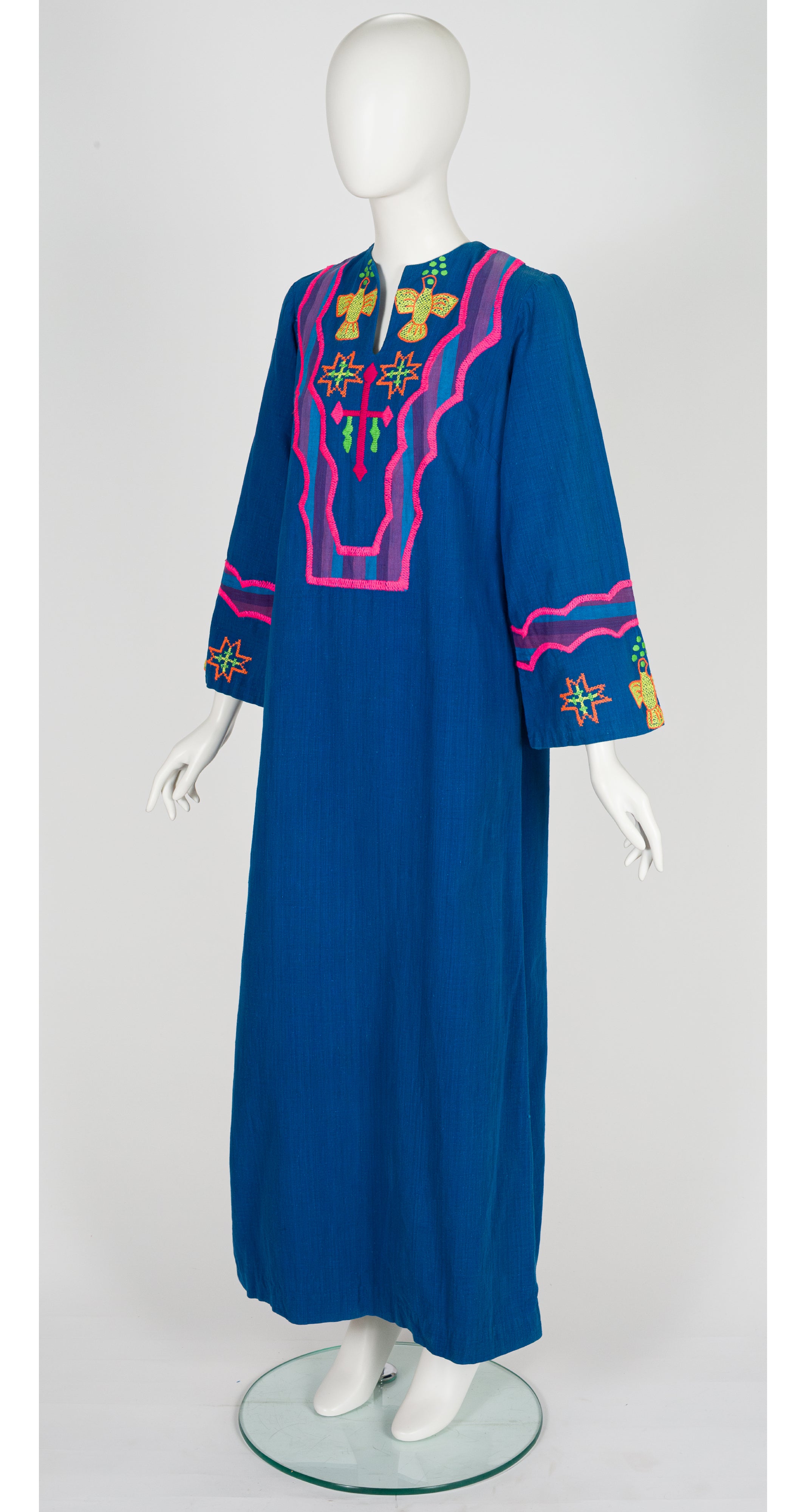 1970s Neon Hand-Embroidered Blue Cotton Caftan Dress