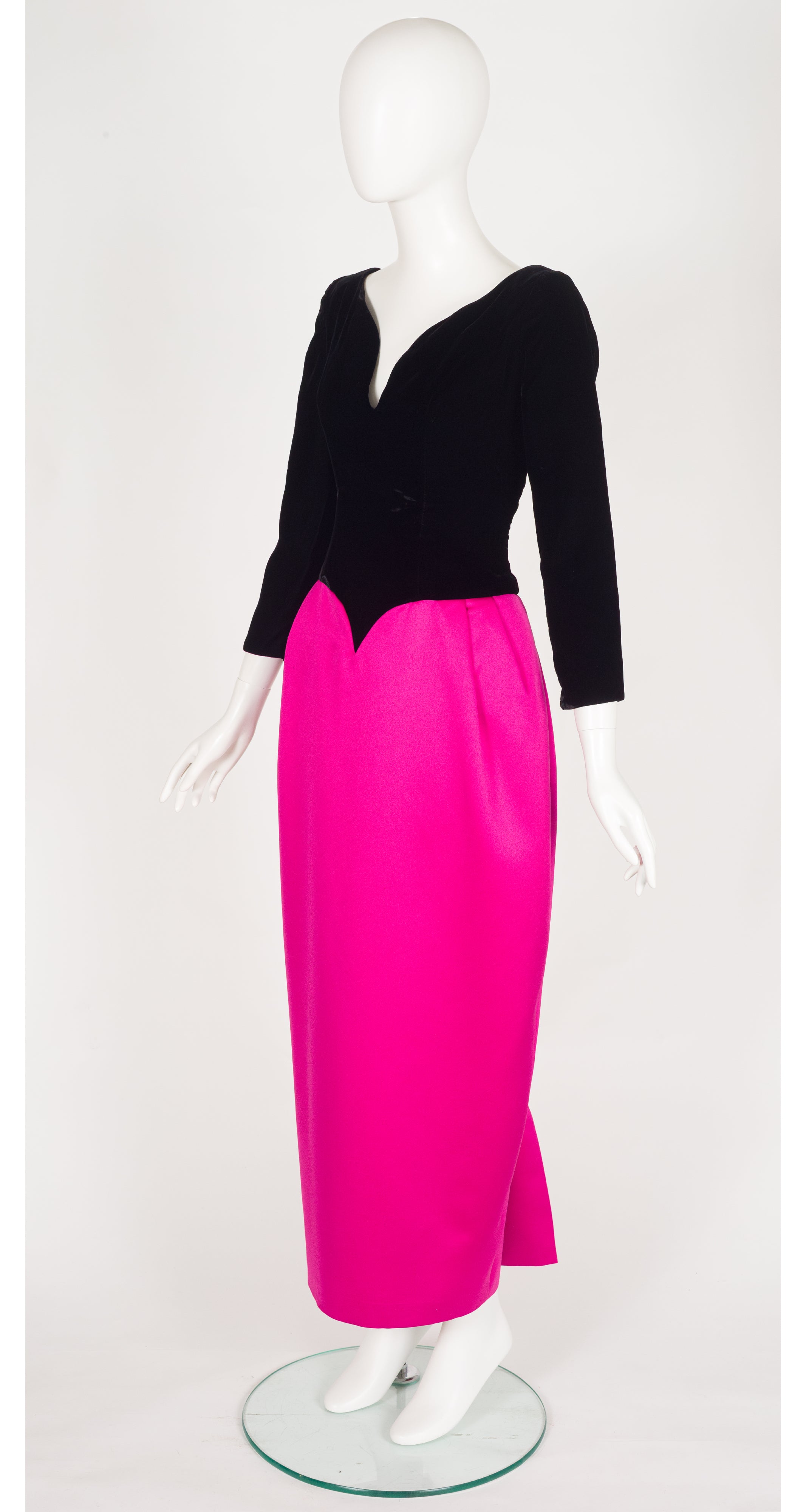 1980s Black Velvet & Fuchsia Satin Hourglass Evening Gown