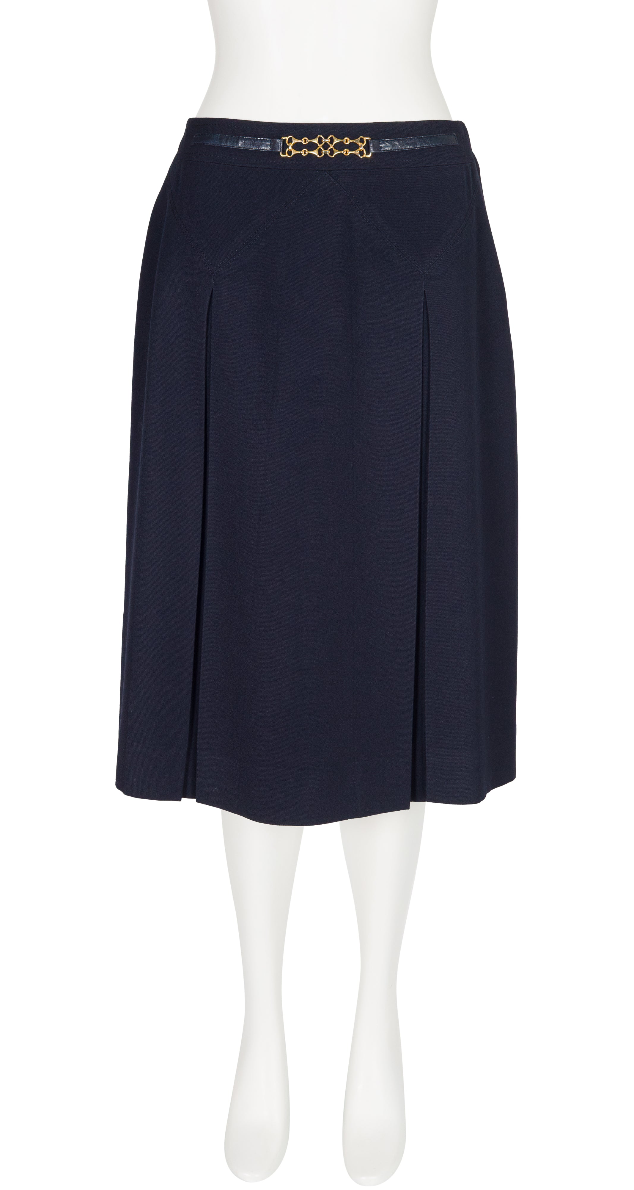 1980s Horsebit Navy Wool Gabardine Pleated Skirt
