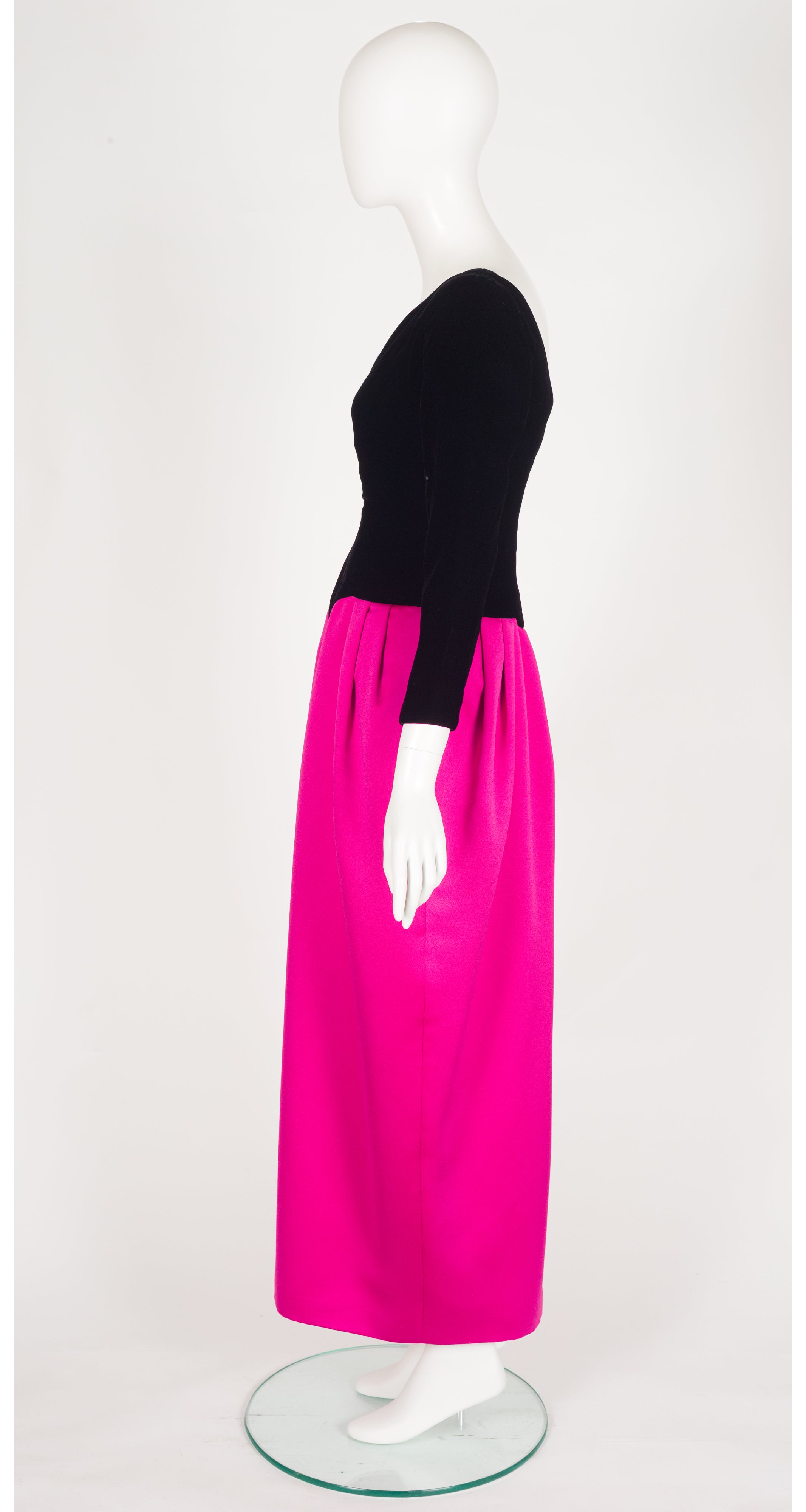 1980s Black Velvet & Fuchsia Satin Hourglass Evening Gown