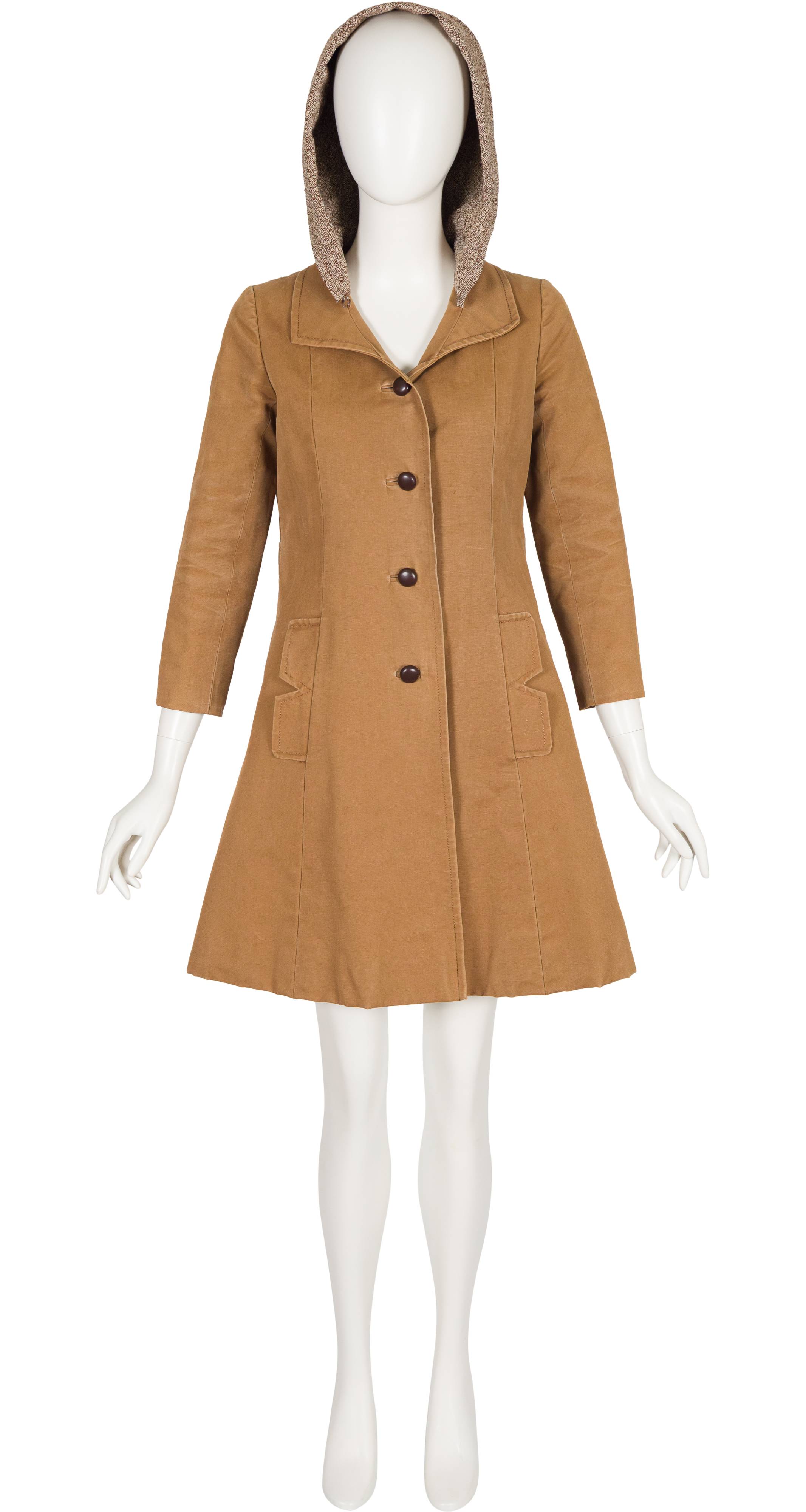 1960s/1970s Brown Cotton Canvas & Tweed Hooded Coat