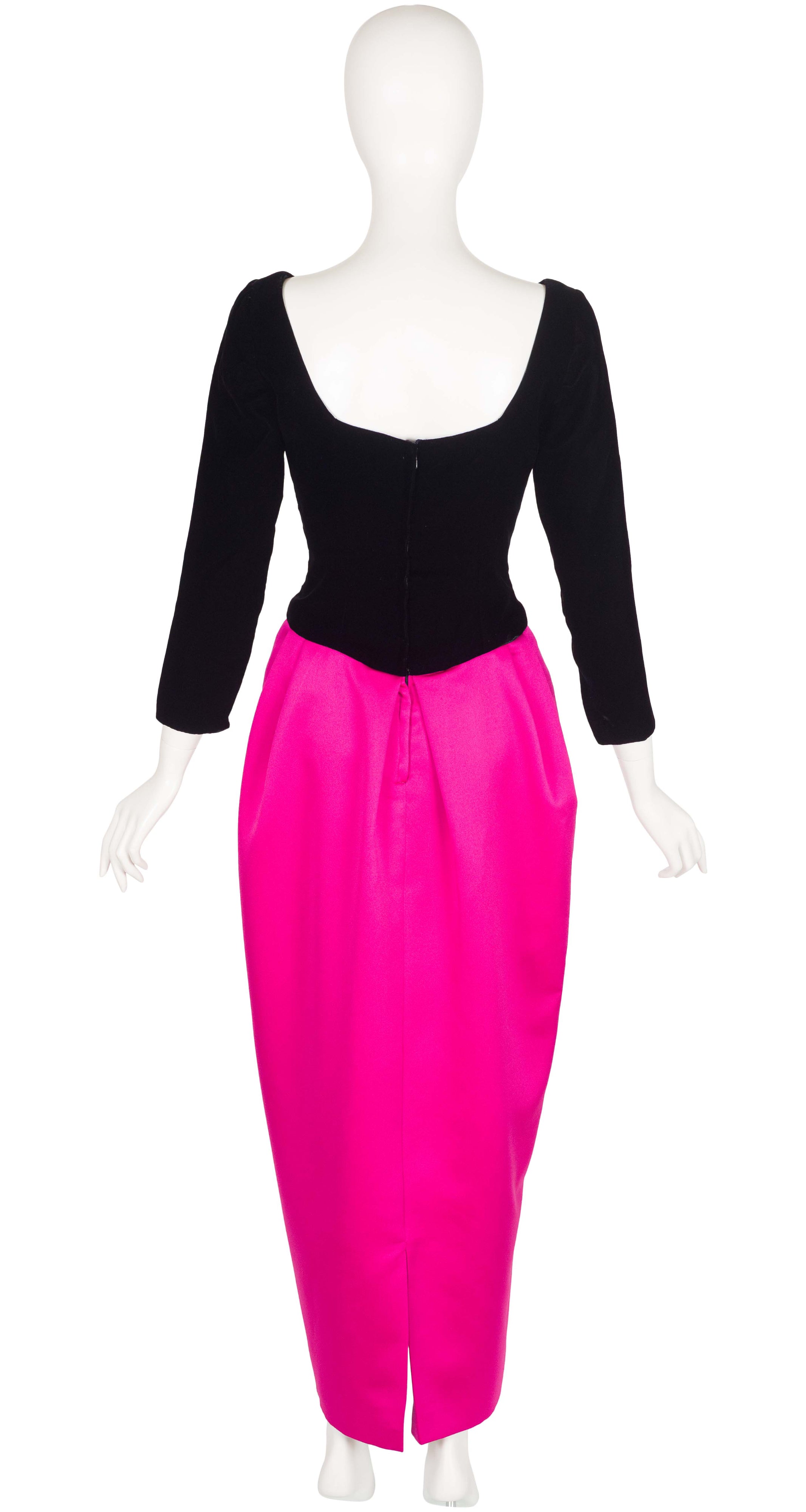 1980s Black Velvet & Fuchsia Satin Hourglass Evening Gown