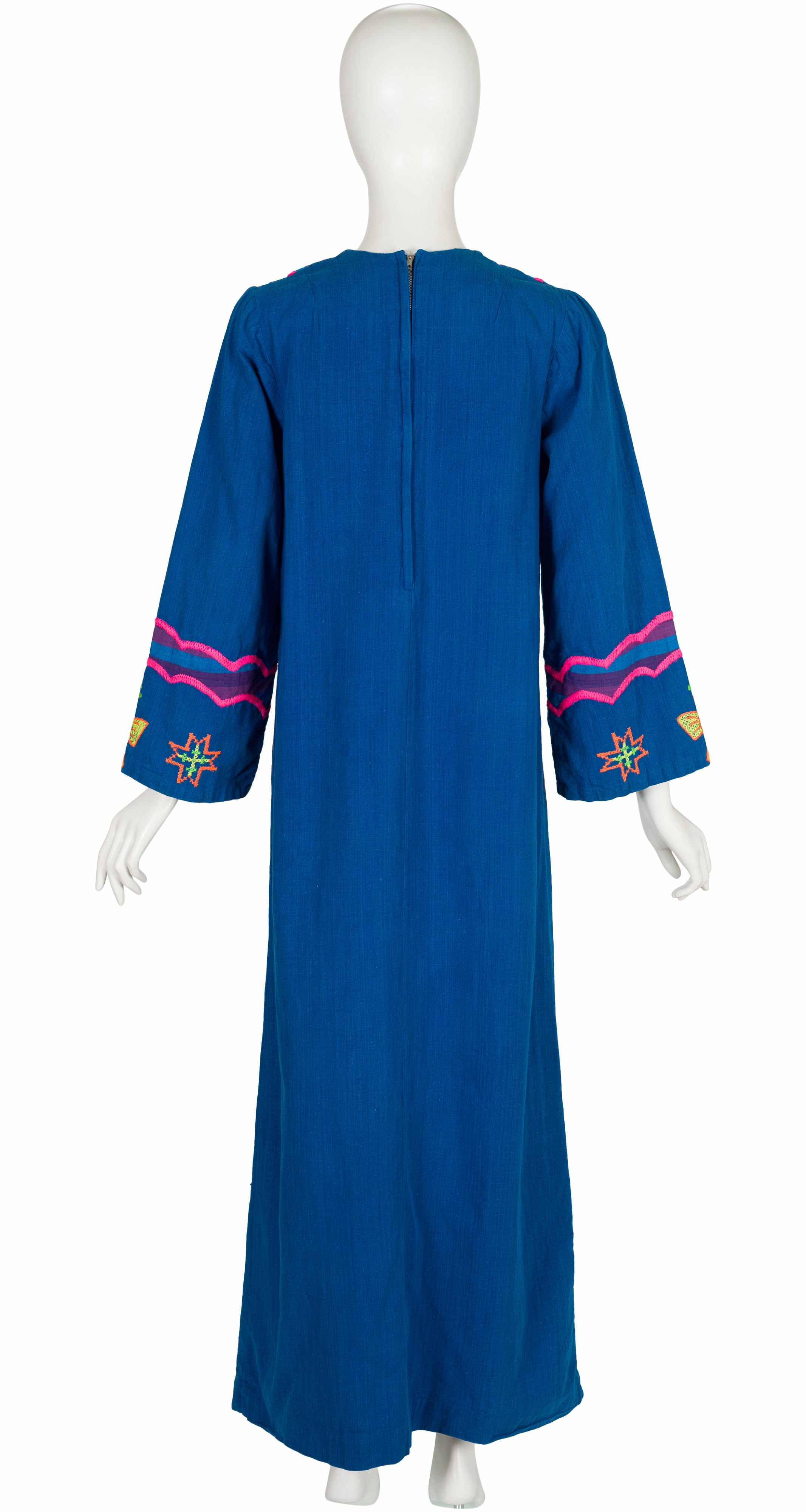1970s Neon Hand-Embroidered Blue Cotton Caftan Dress