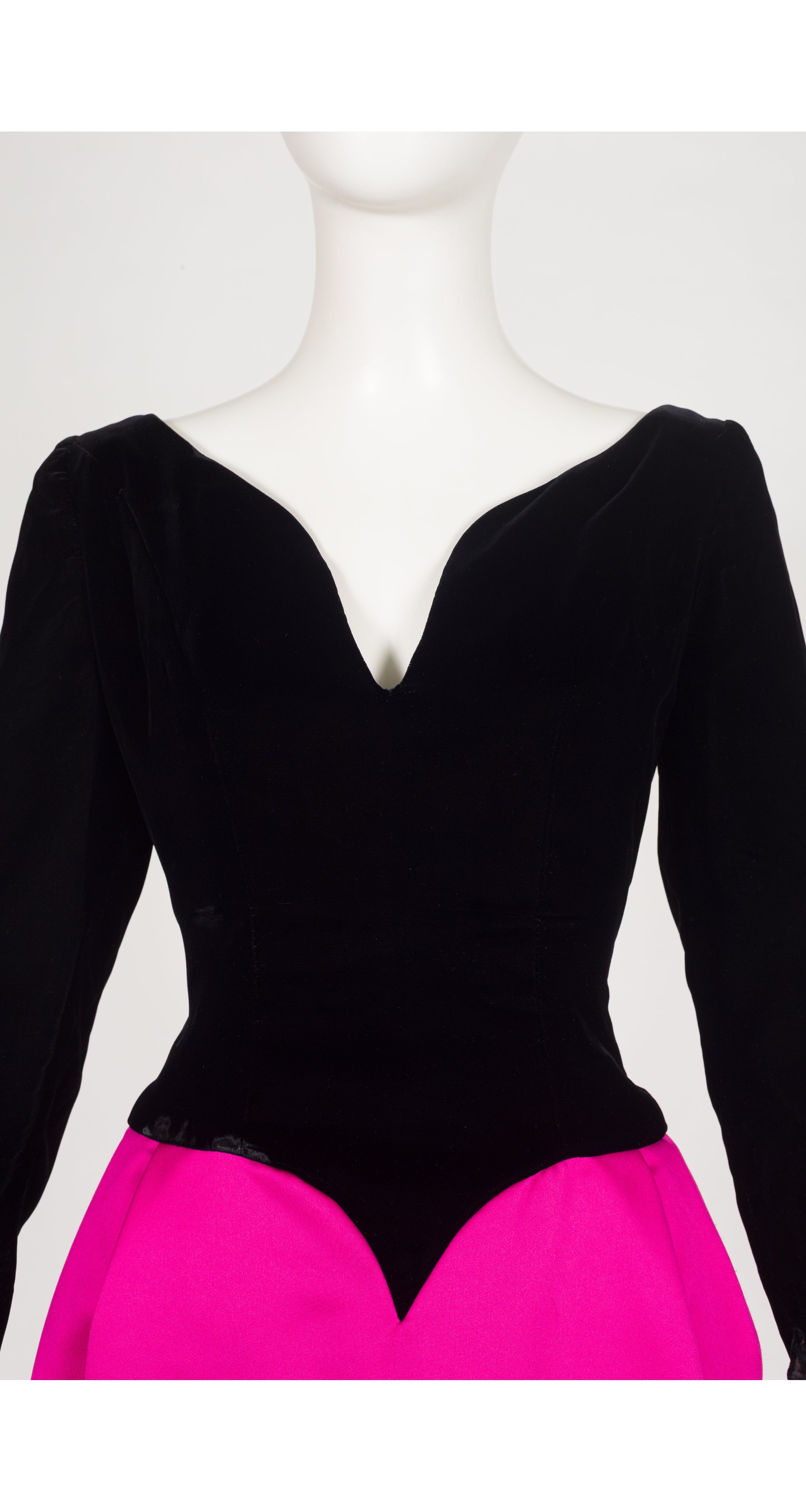 1980s Black Velvet & Fuchsia Satin Hourglass Evening Gown