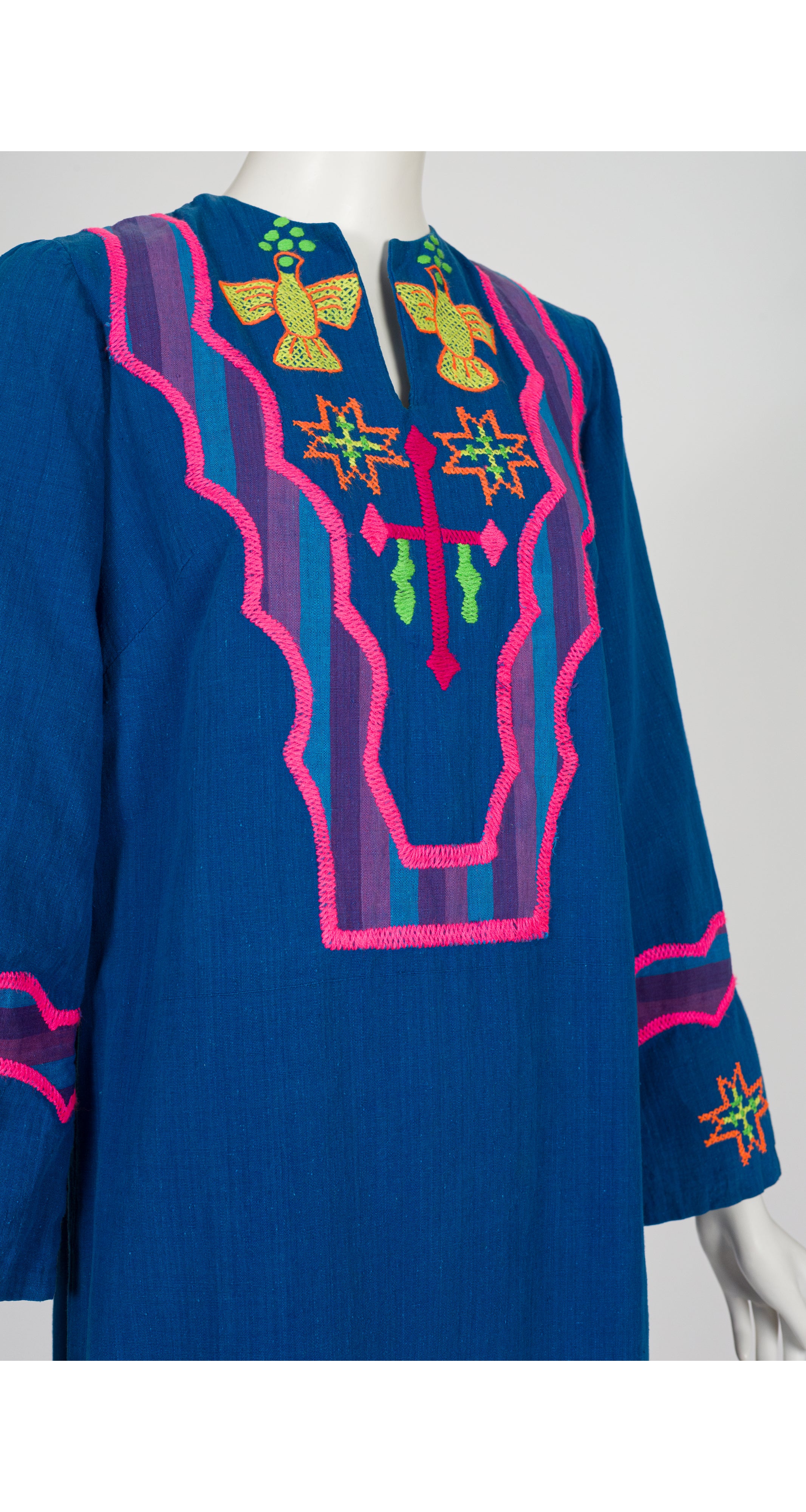 1970s Neon Hand-Embroidered Blue Cotton Caftan Dress