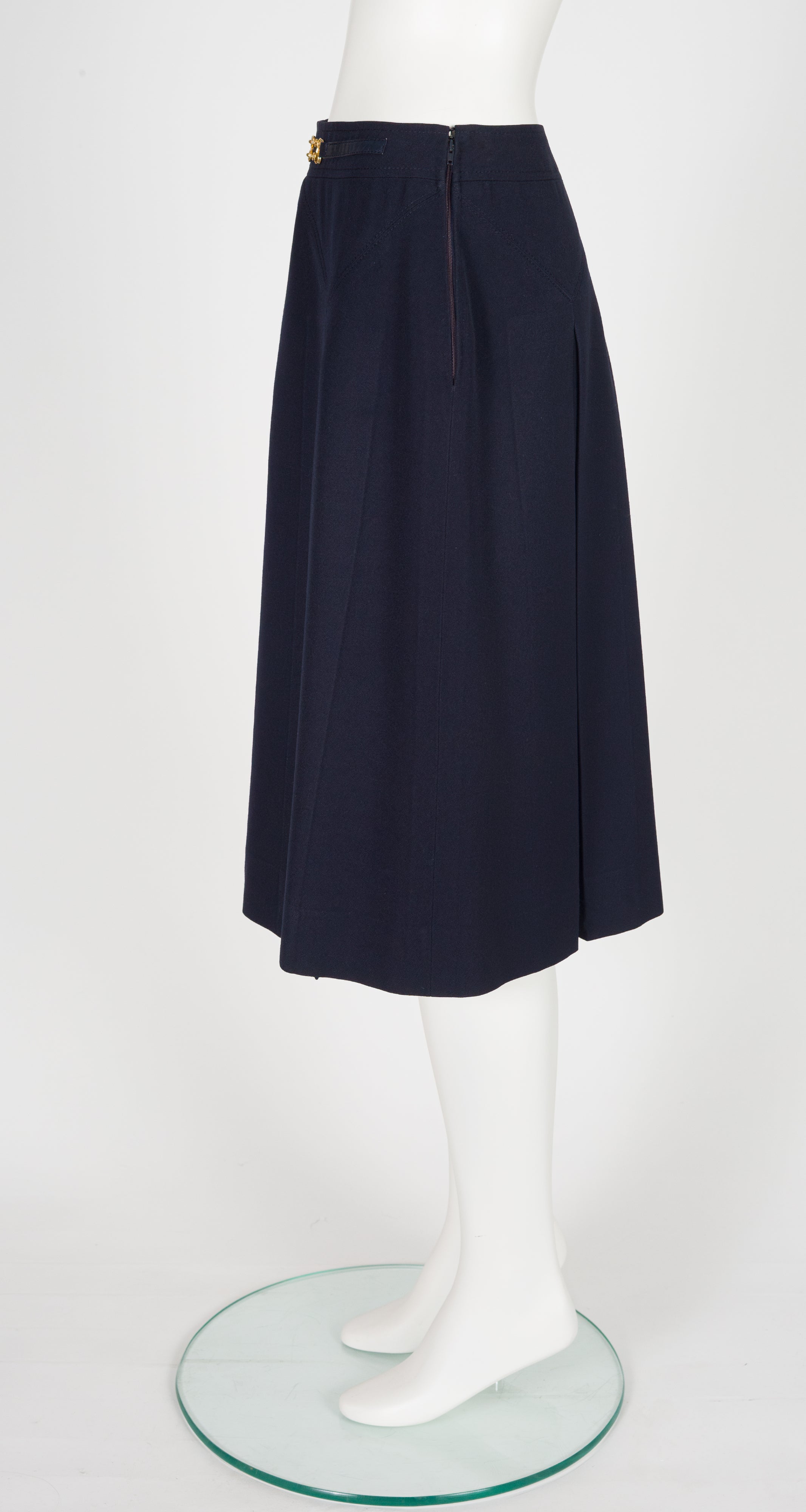 1980s Horsebit Navy Wool Gabardine Pleated Skirt