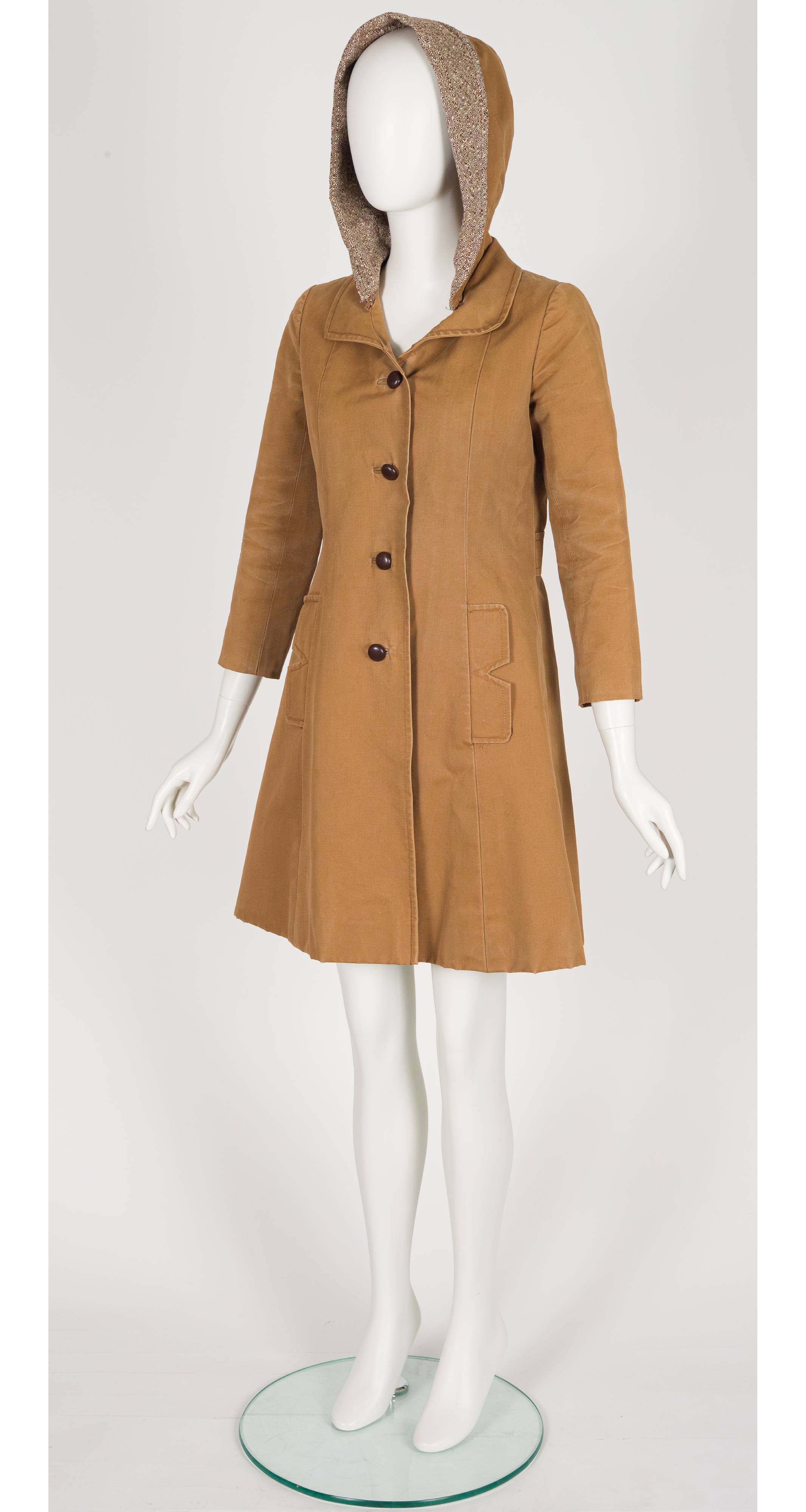 1960s/1970s Brown Cotton Canvas & Tweed Hooded Coat