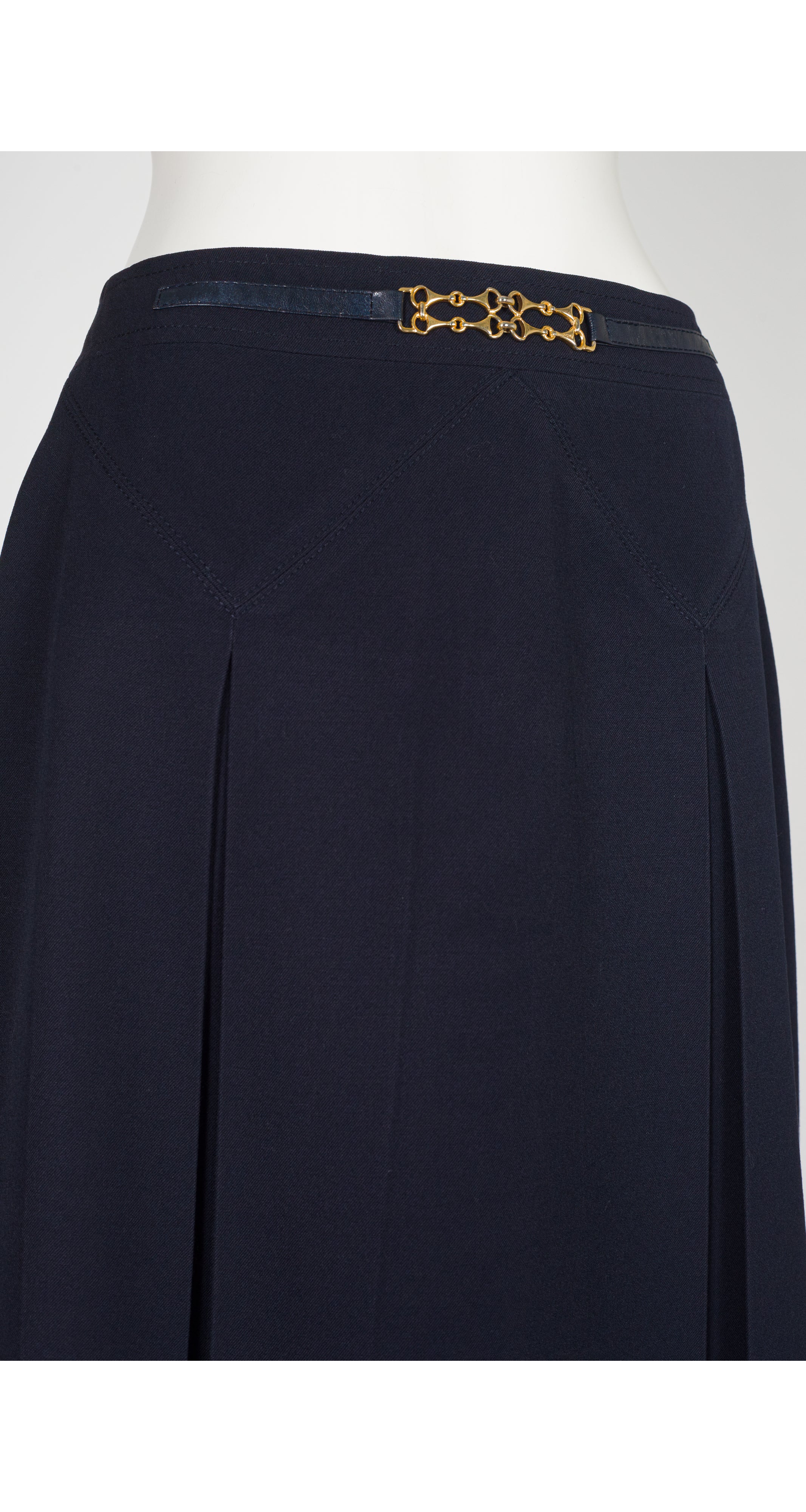 1980s Horsebit Navy Wool Gabardine Pleated Skirt