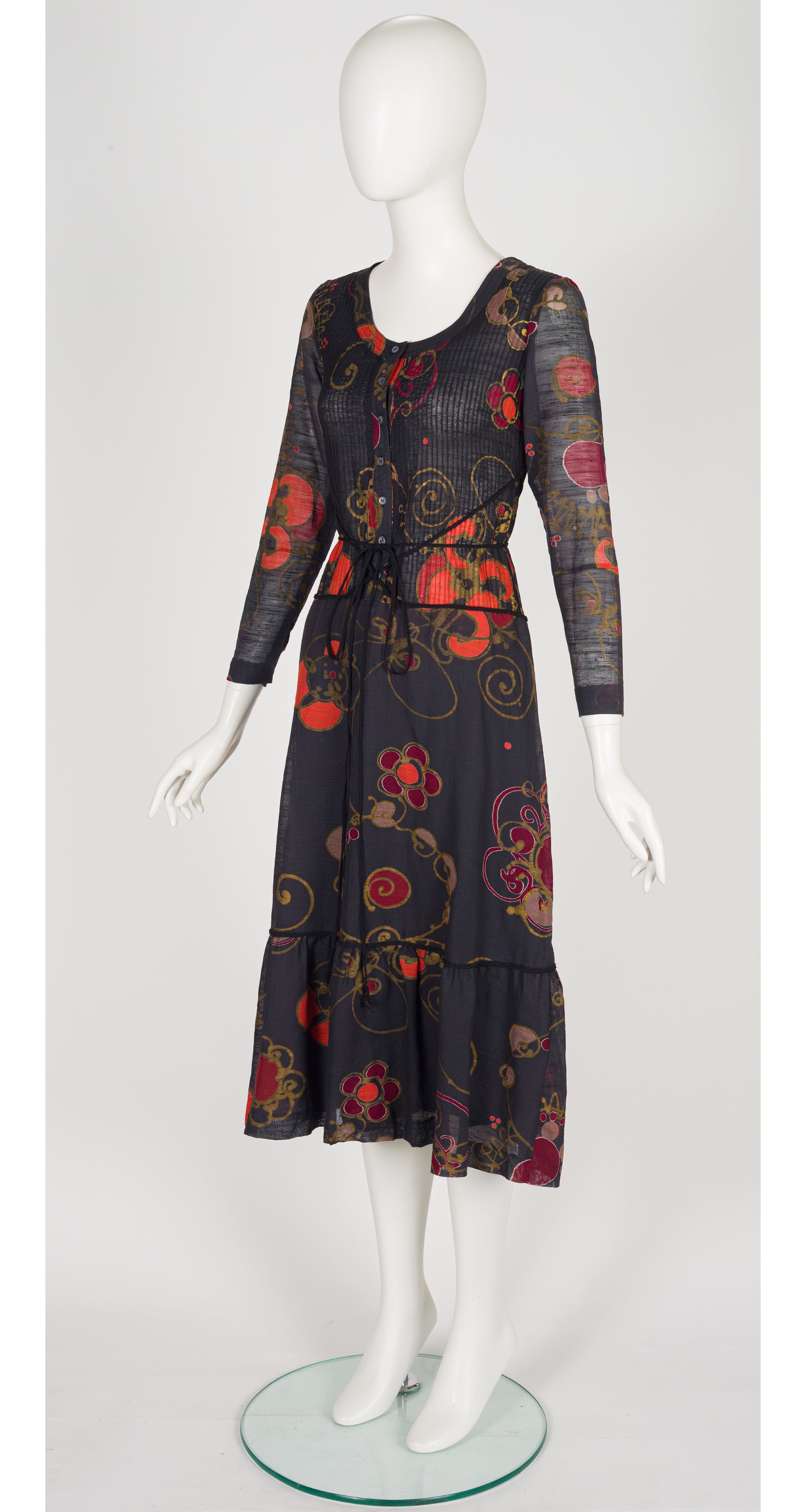 1970s Floral Black Voile Pintuck Midi Dress
