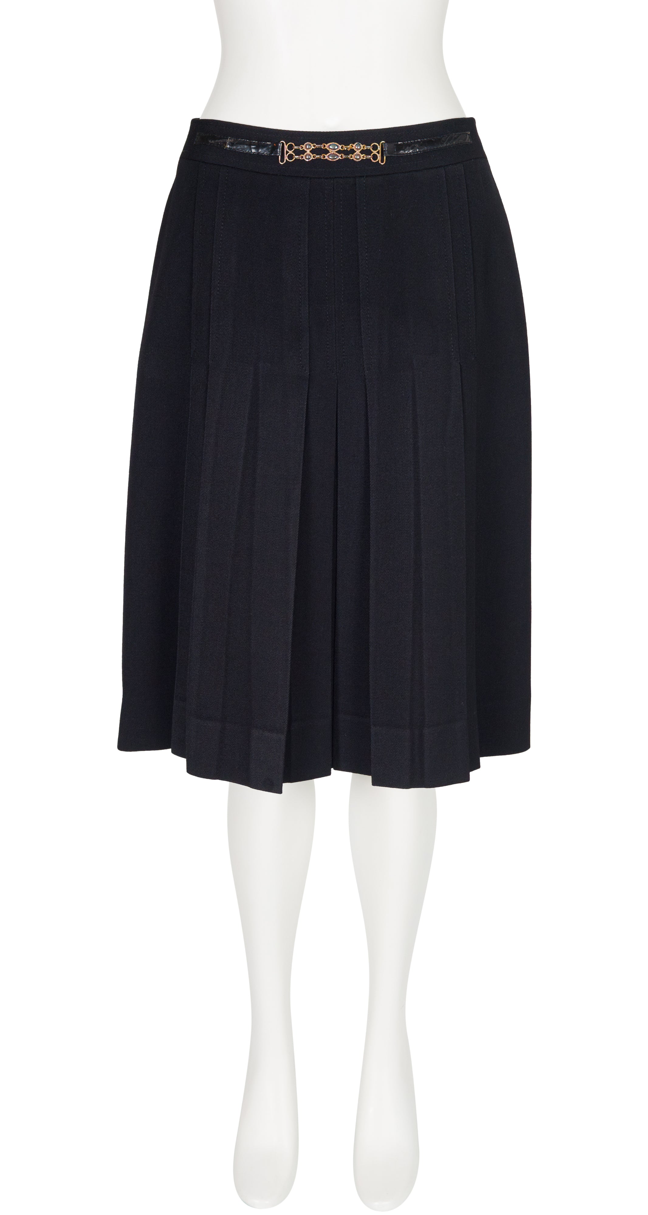1980s Chainlink Black Wool Gabardine Pleated Skirt