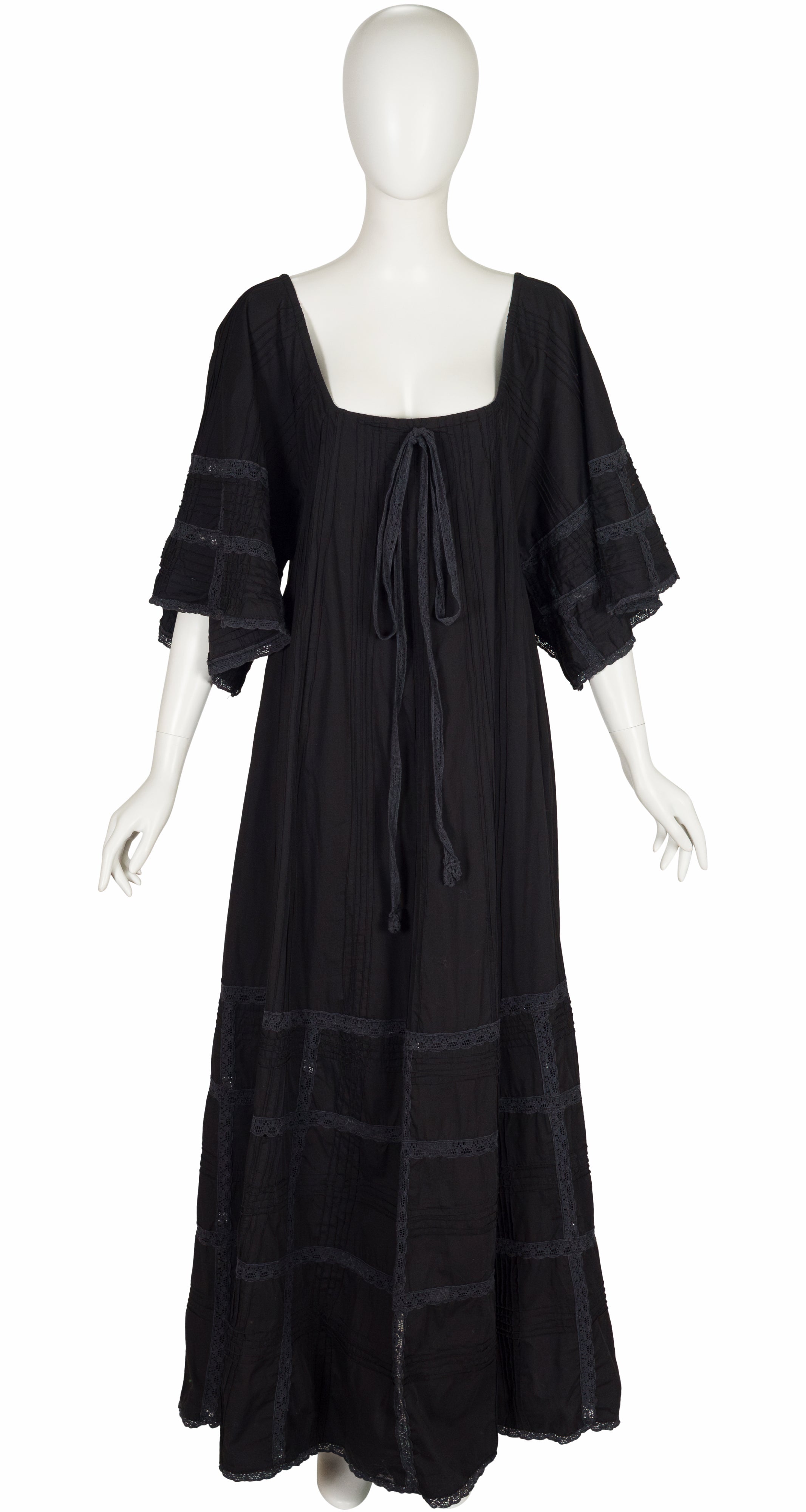 1970s Black Pintuck Cotton Tent Maxi Dress