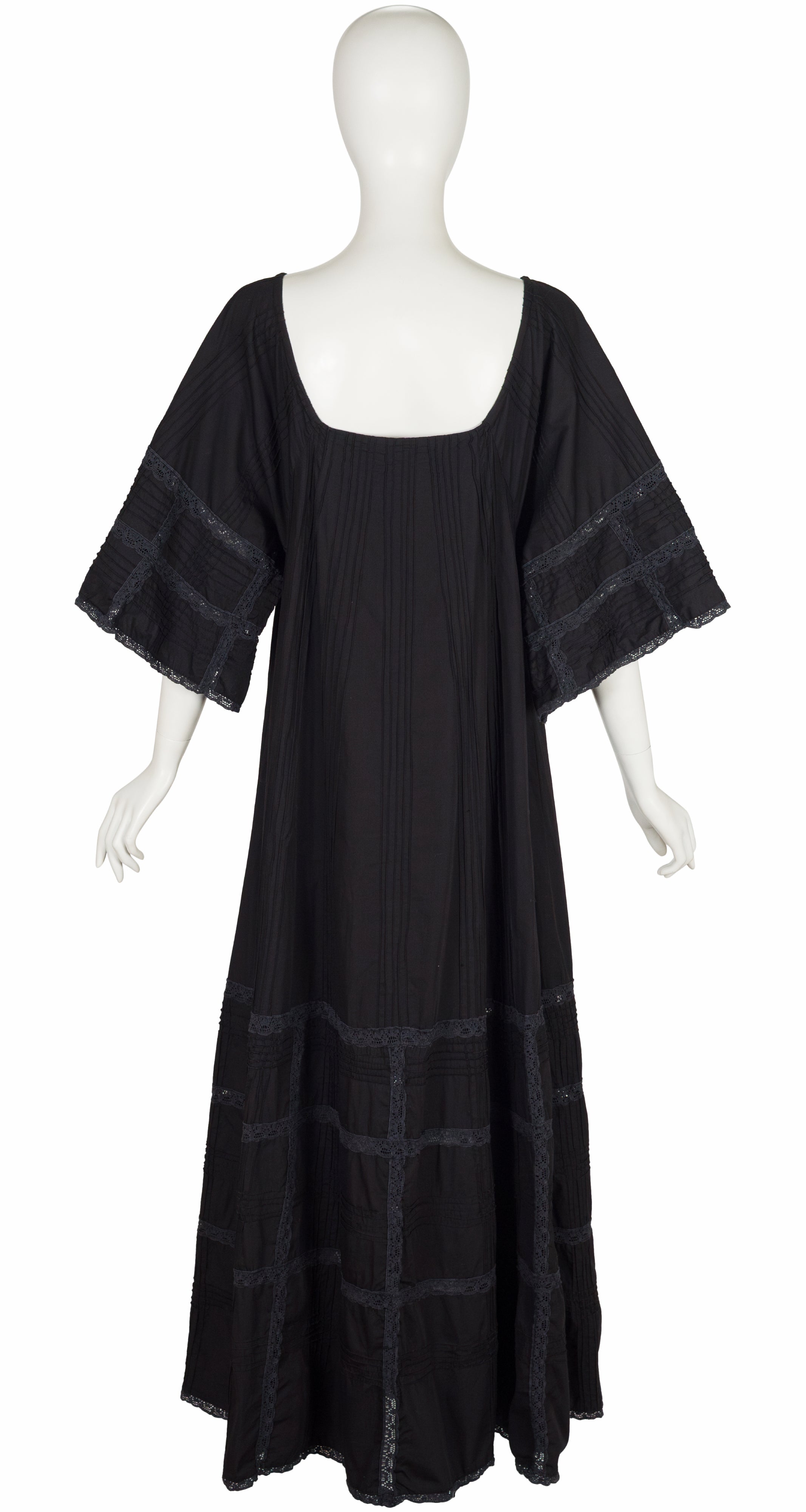 1970s Black Pintuck Cotton Tent Maxi Dress
