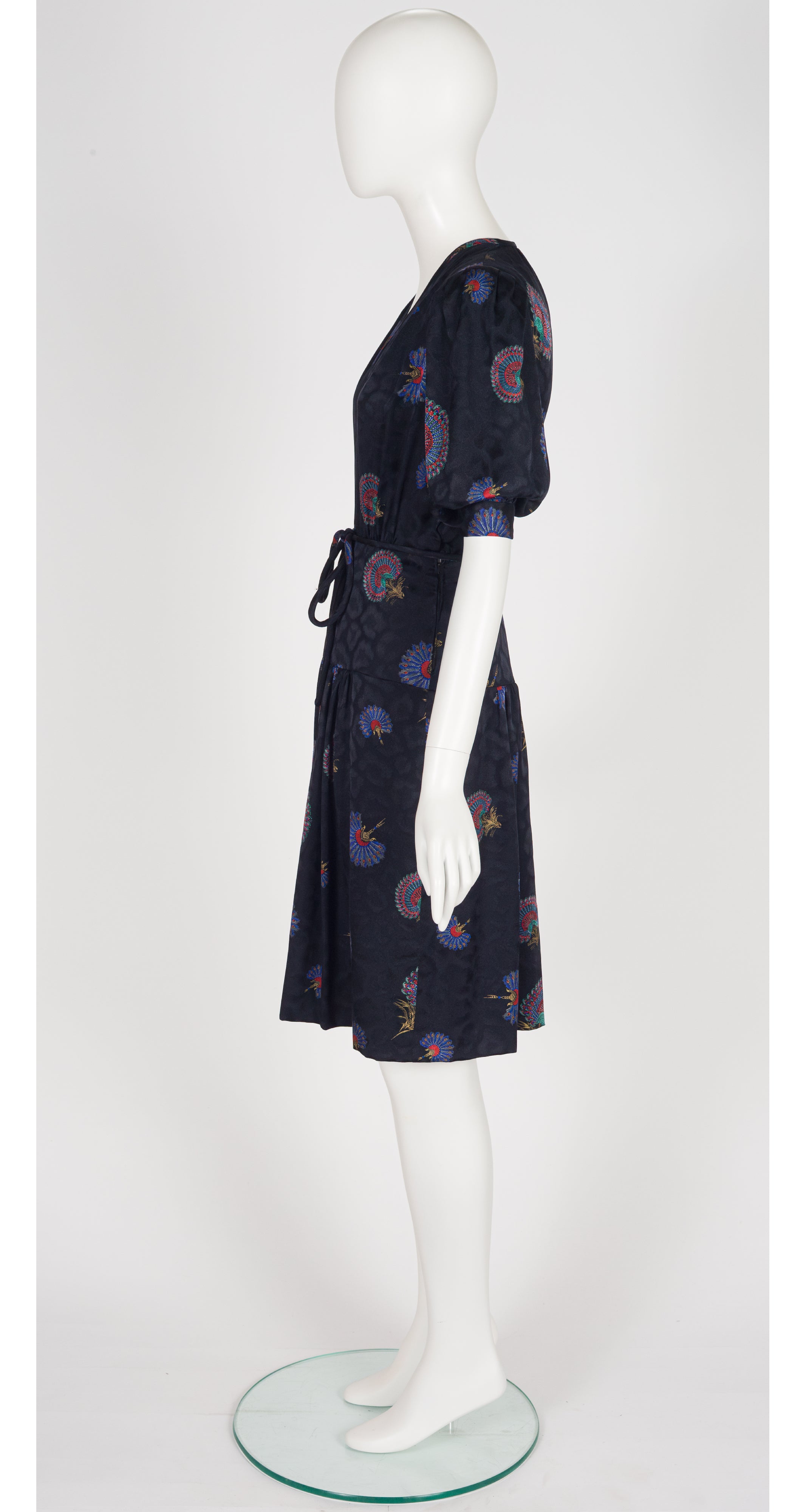 1980s Peacock Fan Print Black Silk Jacquard Dress