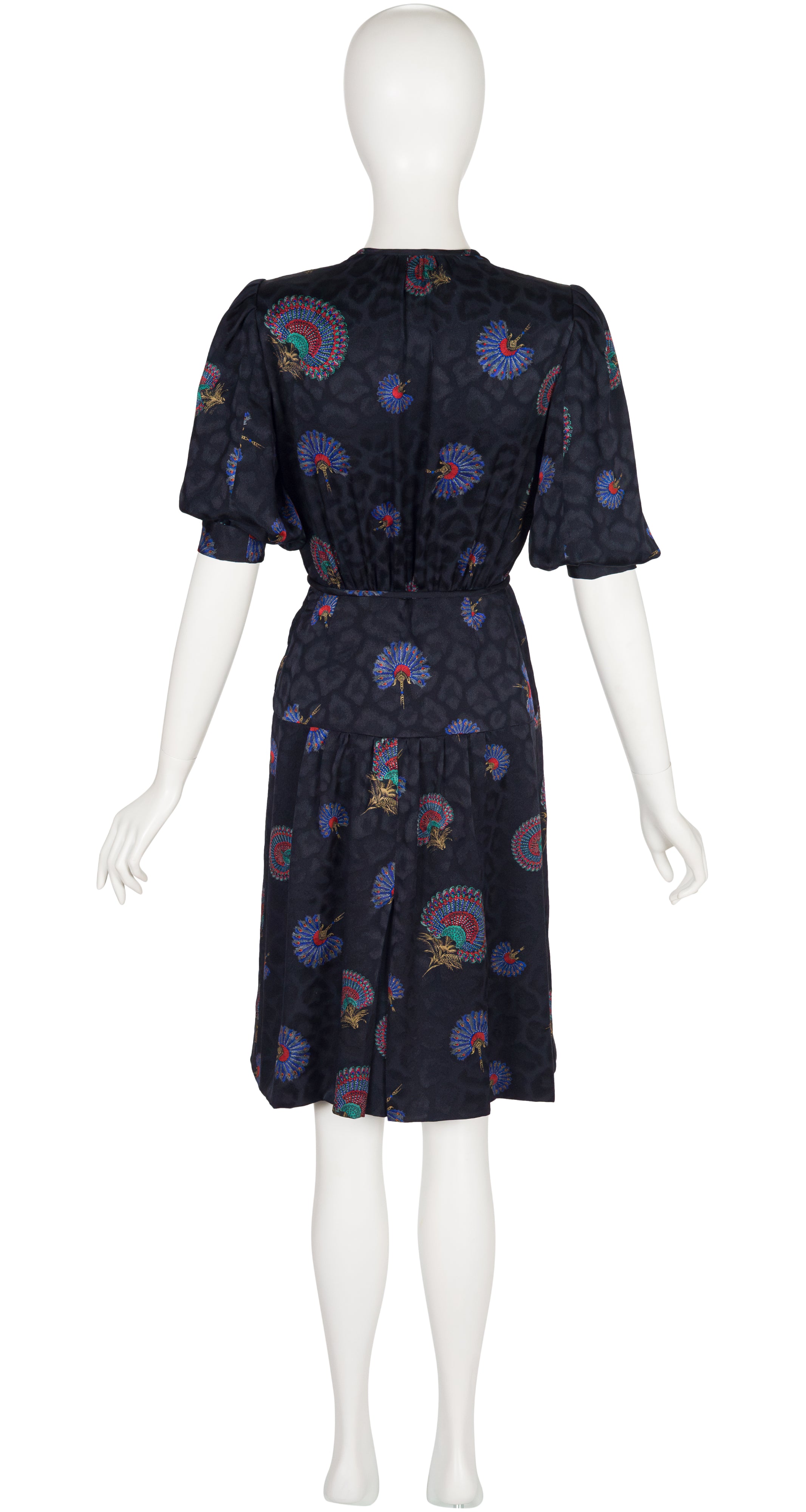 1980s Peacock Fan Print Black Silk Jacquard Dress