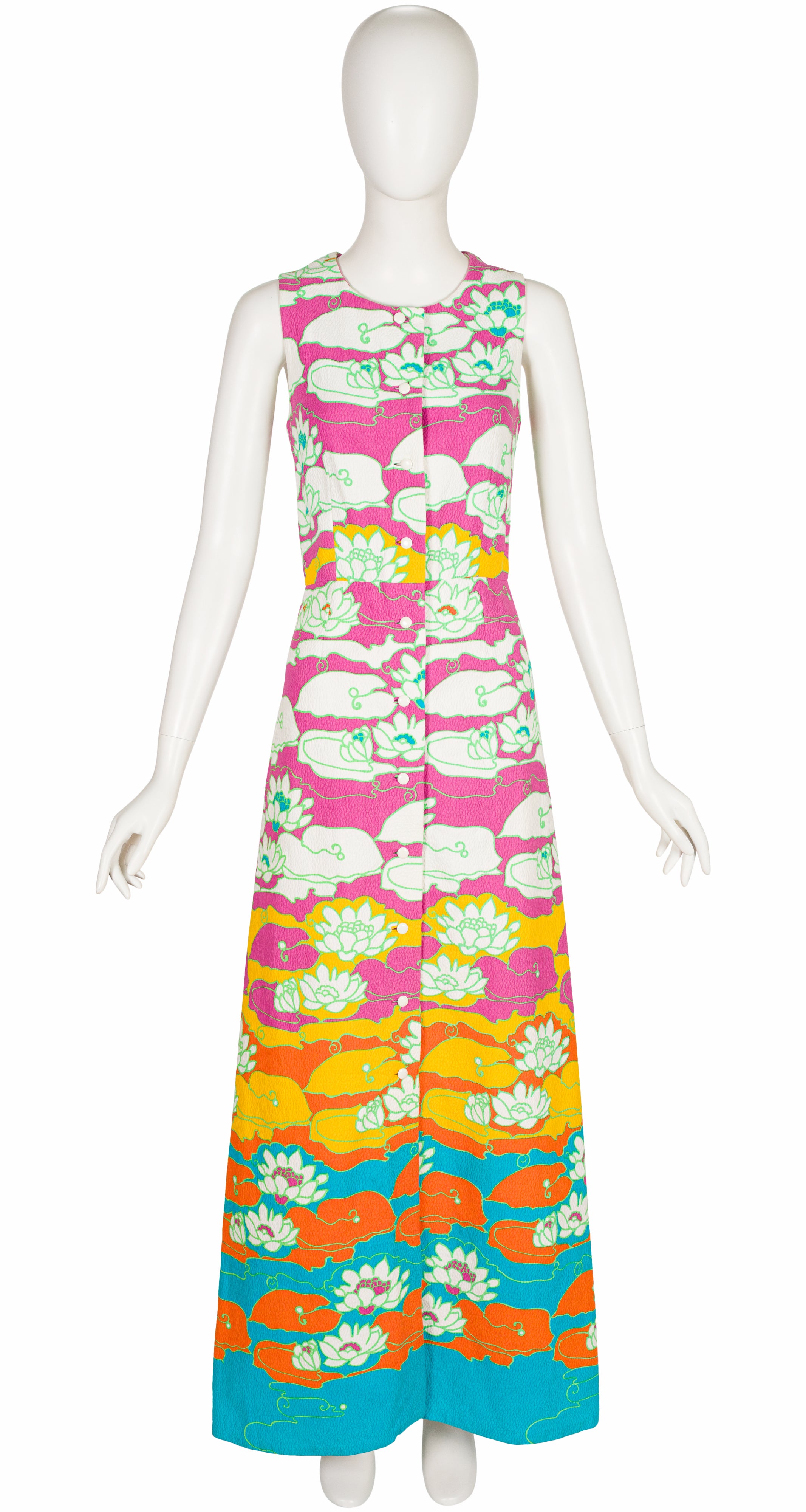 1970s Lily Pad Print Cotton Piqué Maxi Dress