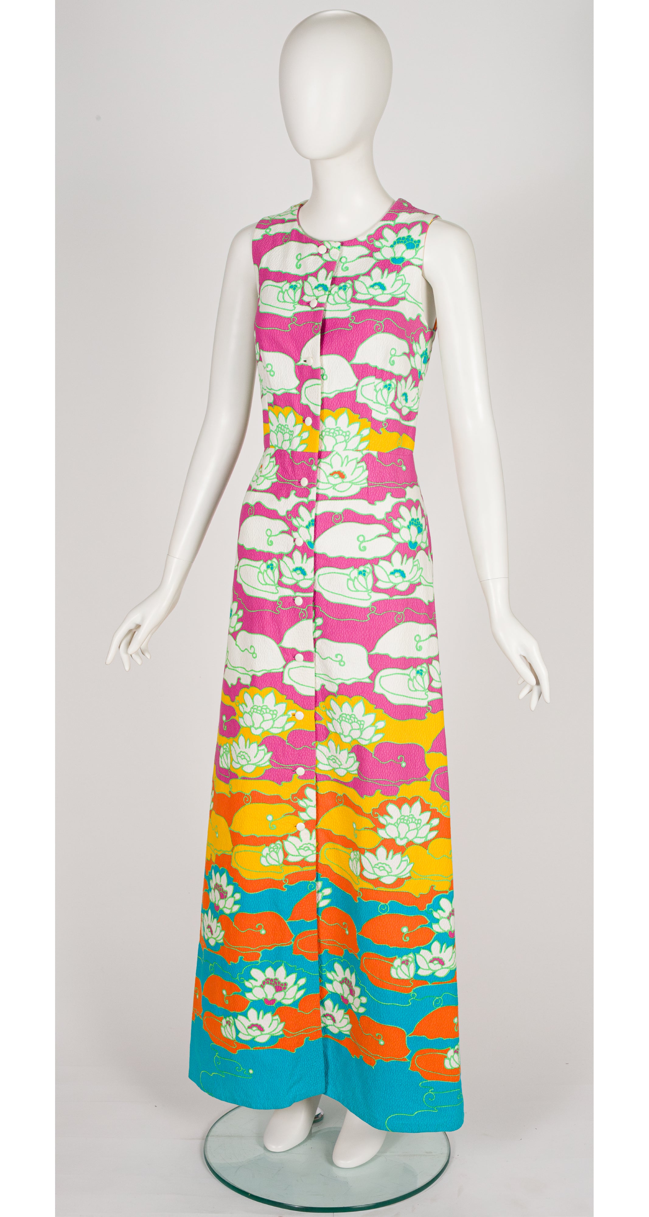 1970s Lily Pad Print Cotton Piqué Maxi Dress