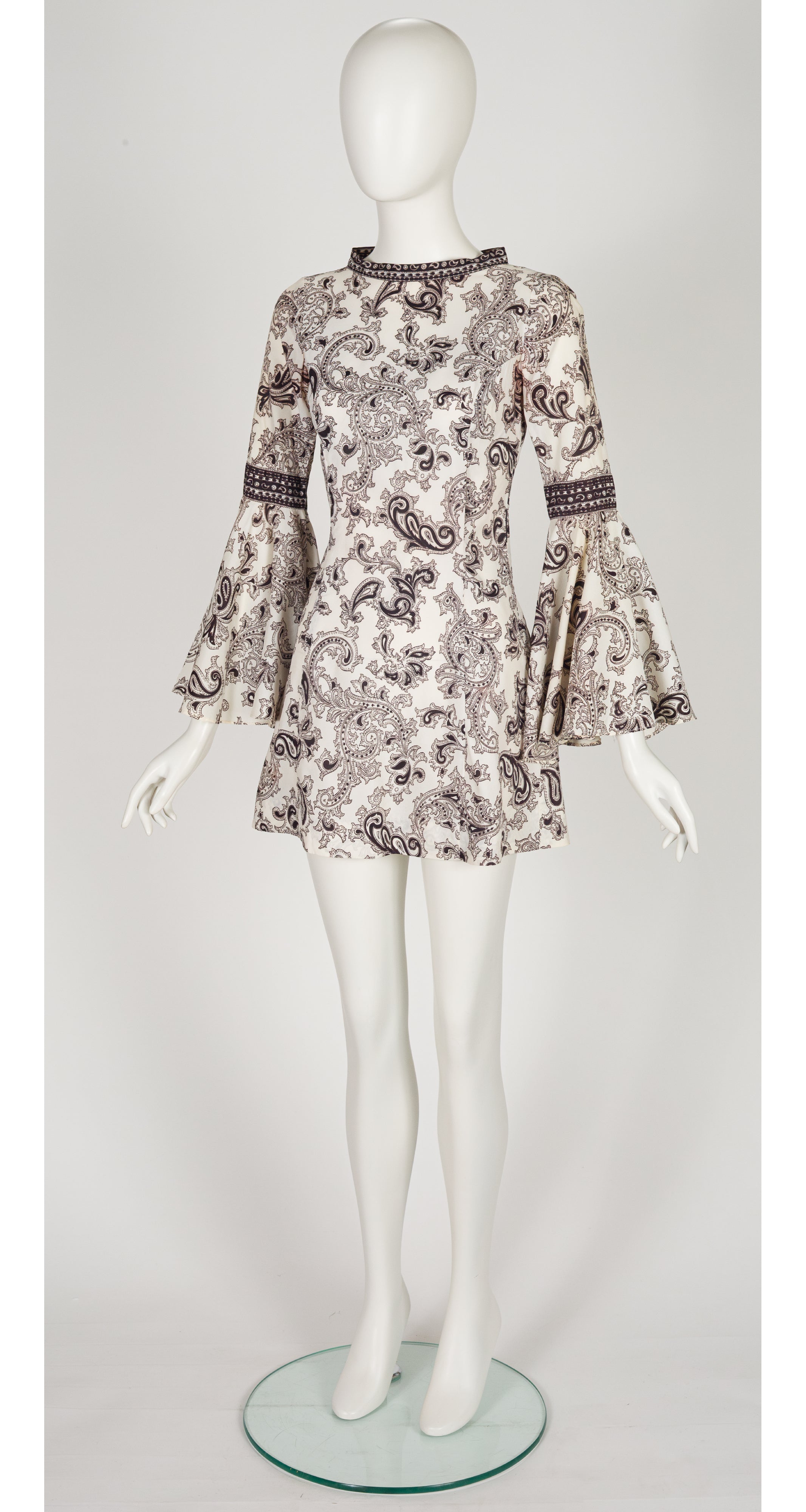 1960s Paisley Print White Trumpet Sleeve Mini Dress