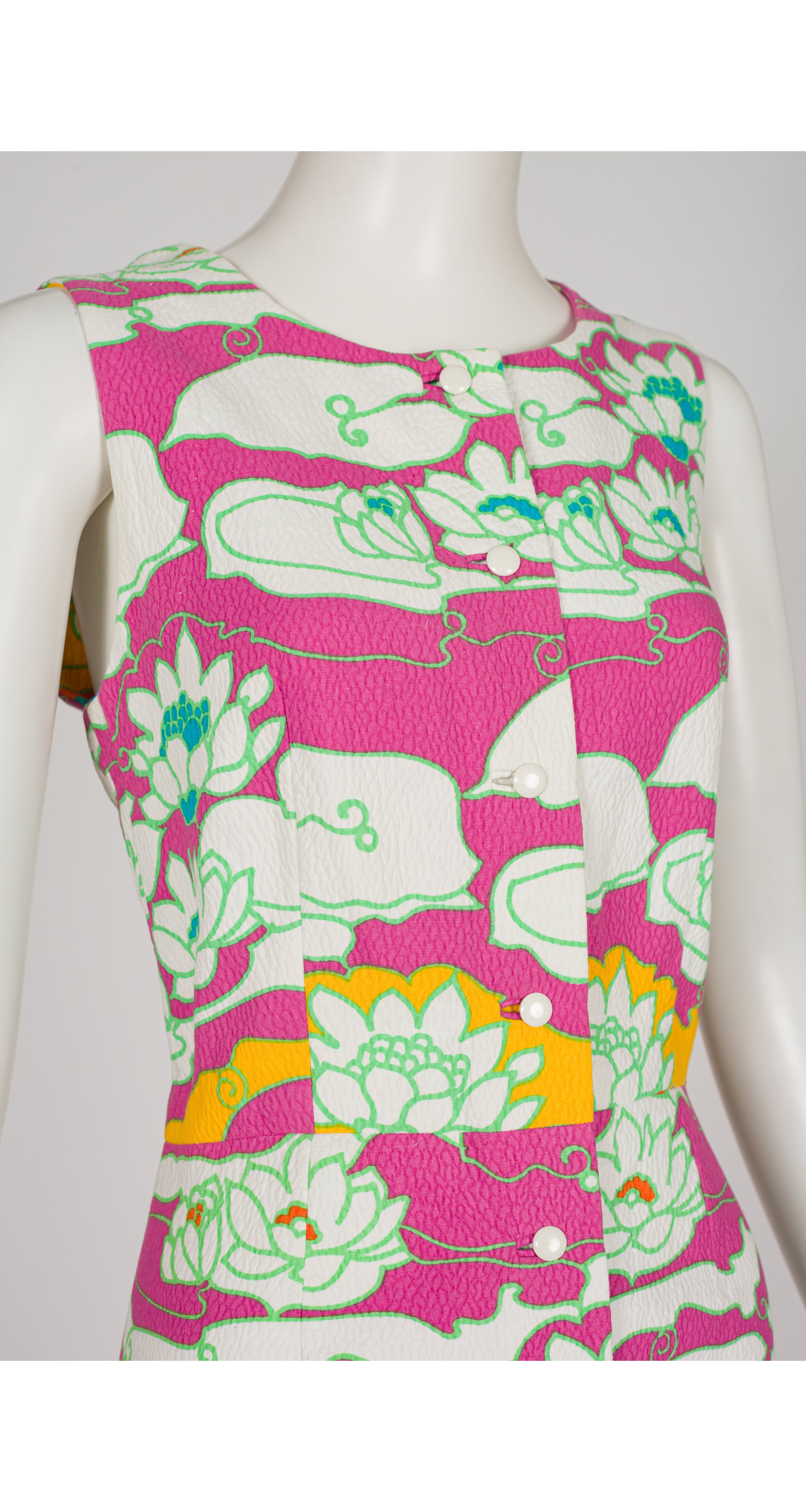 1970s Lily Pad Print Cotton Piqué Maxi Dress