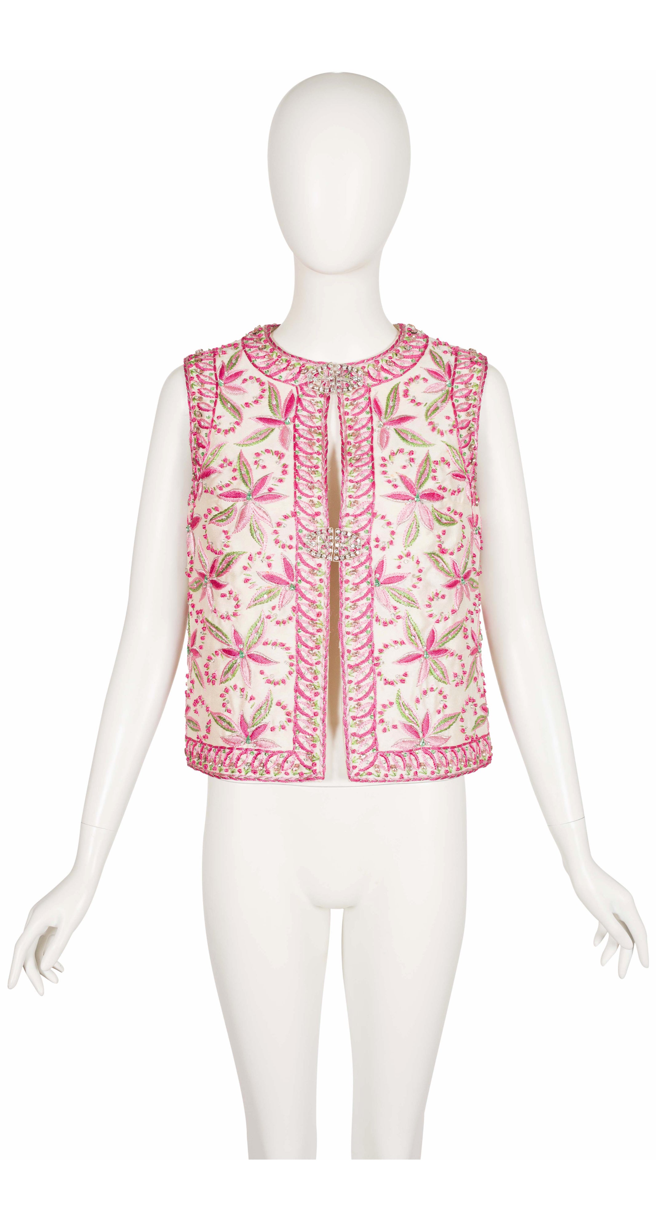 1969 Embellished Green & Pink Floral Embroidered Vest